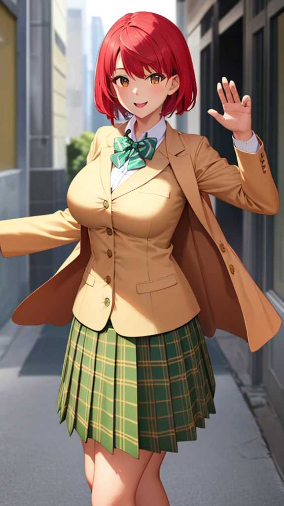 masterpiece, best quality, high quality, girl, solo, looking at viewer, enjou_retto, Red hair, Brown Eyes, large breasts, school uniform, green bowtie, blazer, yellow jacket, long sleeves, plaid skirt, green skirt, standing, cowboy shot, outdoors, smile,