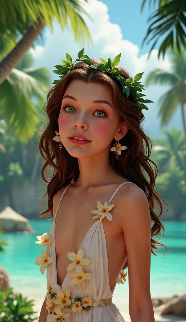  girl on a paradise beach, she has long curly brown hair and beautiful green eyes and not very fair skin, She is wearing a crown of leaves on her forehead, your cheeks are rosy and cute, your smile is passionate and happy, the lips are full and beautiful, she wears gold earrings, a thin white dress with flower details, and neck accessories. realisitic, detailded, qualidade maxima