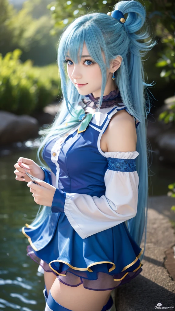  top quality , 8k,  super detailed ,  Photographically Faithful, Best lighting,  beautiful face, Best lighting,  beautiful face, Konosuba aqua, Light Blue, Beautiful Goddess, ( 1 girl:1.4), Black and blue outfit, White sleeves,  charming atmosphere, Water Magic:1.2 info 
