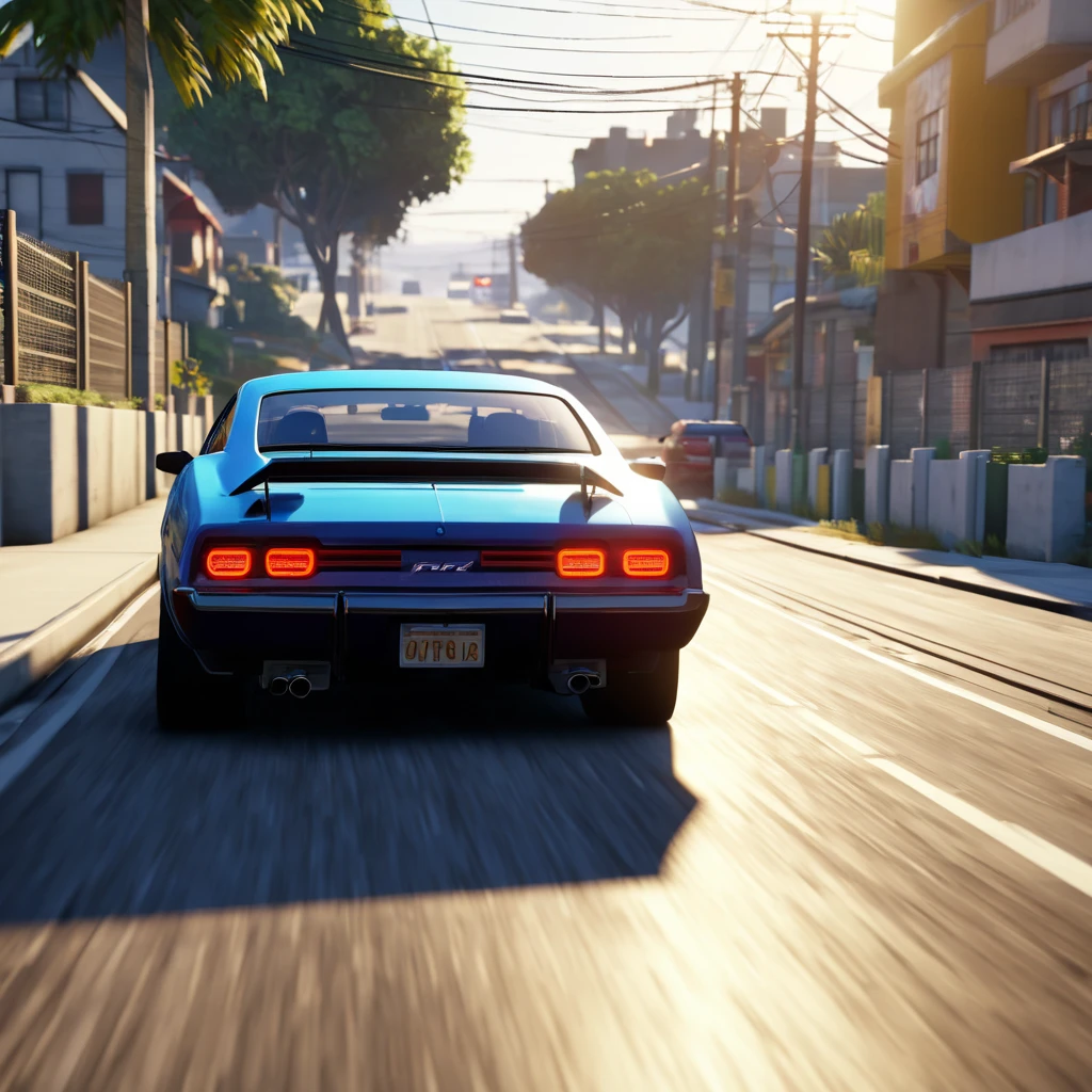 a close up of a car driving on a road near a fence, gta 6 gameplay, gta 6 style, gta v gameplay screenshot, ultra-realistic graphics, video game screenshot>, gta 6, gta 6 leak, gameplay footage, cinematic screenshot gta 5, gta v style, next-gen graphics, realistic unreal engine 3 d game, style of gta v. perspective, Mid-distance view, rear shot. motion blur, high speed blurry, tail light trail effect, blurry light particles