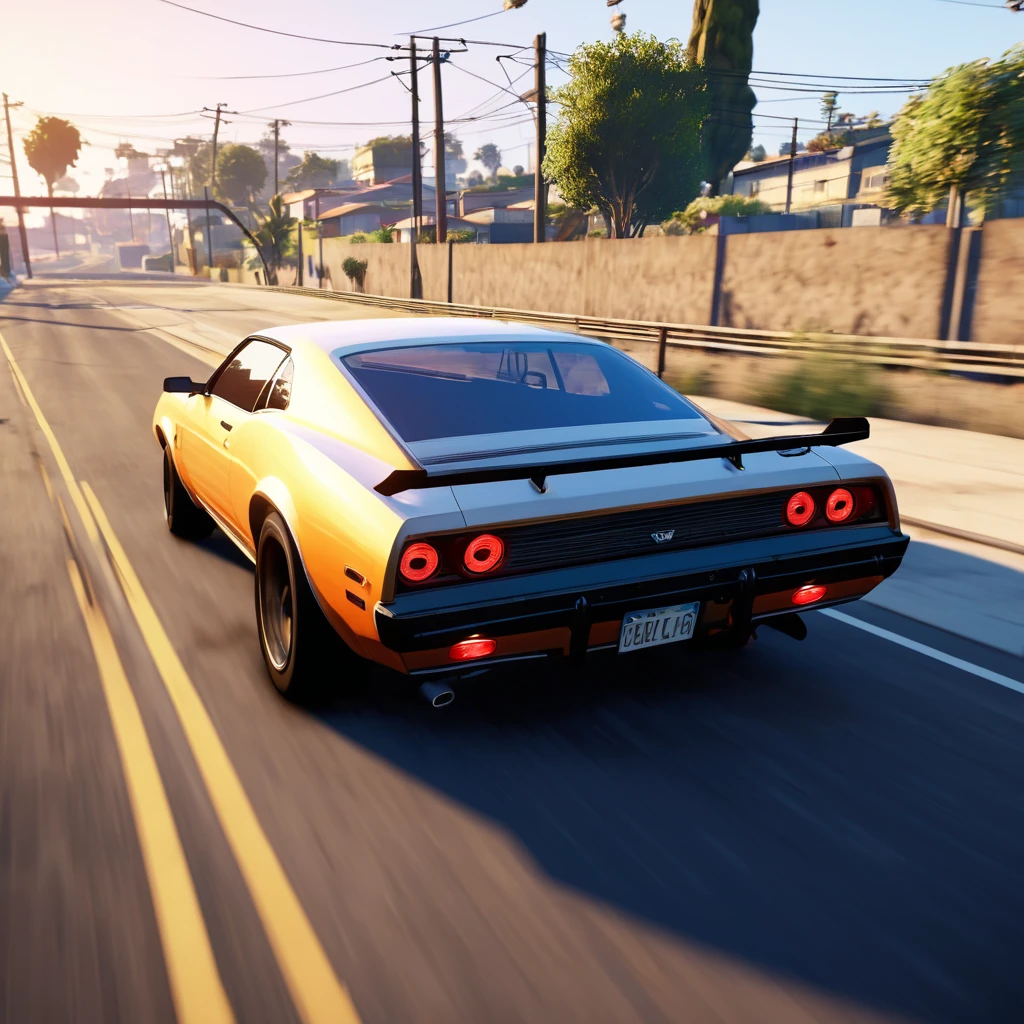 a close up of a car driving on a road near a fence, gta 6 gameplay, gta 6 style, gta v gameplay screenshot, ultra-realistic graphics, video game screenshot>, gta 6, gta 6 leak, gameplay footage, cinematic screenshot gta 5, gta v style, next-gen graphics, realistic unreal engine 3 d game, style of gta v. perspective, Mid-distance view, rear shot. motion blur, high speed blurry, tail light trail effect, blurry light particles