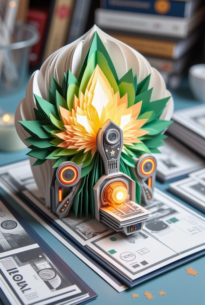 "An origami representation of a futuristic currency, shaped like an electric bolt or energy, symbolizing Edison and Ford's 'Energy Currency' concept."