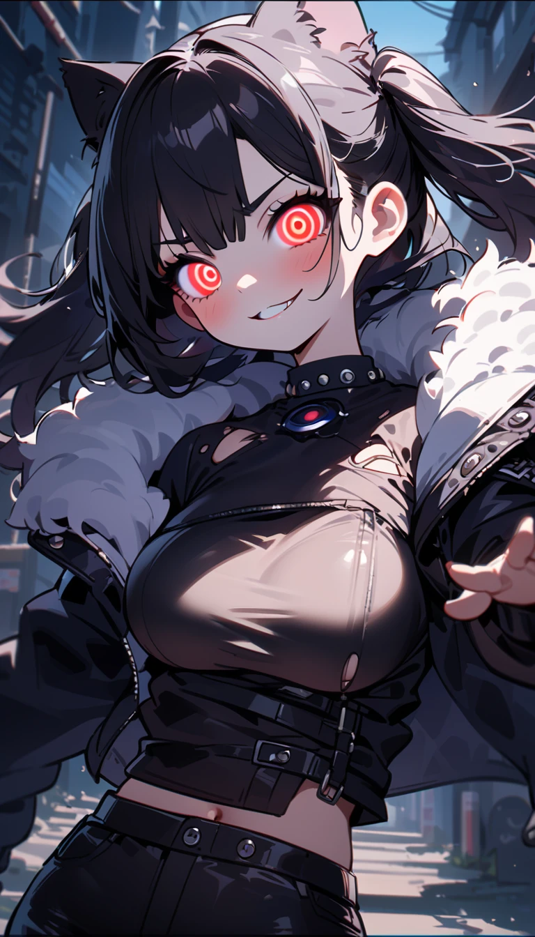 solo,1girl\(cute, kawaii,(evil smile:1.2),(black hair:1),(long hair),(twin tails hair),pale skin, skin color blue, red eyes, eyes shining, (big eyes),(breast:1.4),(punk fashion:1.6),(ripped clothes:1.5),(tight tube top),(tight hot pants),(stomach shown:0.8),(abs:0.5),(ripped black short jacket:1.4),(fluffy black cat-ear:1.4),(dynamic pose:1.3), (spiral eye:1.4),(bang),(detailed pupil:1.3)\), BREAK ,background\(outside, noisy city, backstreet, narrow street, neon lights, at night\), BREAK ,quality\(8k,wallpaper of extremely detailed CG unit, high resolution, top-quality, top-quality real texture skin, hyper realistic, increase the resolution, RAW photos, best quality, highly detailed, the wallpaper,golden ratio,high saturation realism, vibrant colors, dramatic lighting, persuasive storytelling, atmospheric scenery, captivating visuals, intricate details, strong emotions,dreamlike world\),(close up:1.0),dynamic angle, game screen cap 