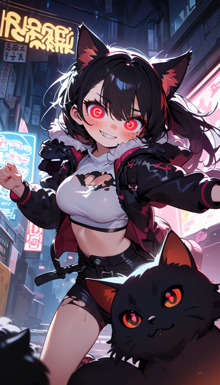 solo,1girl\(cute, kawaii,(evil smile:1.2),(black hair:1),(long hair),(twin tails hair),pale skin, skin color blue, red eyes, eyes shining, (big eyes),(breast:1.4),(punk fashion:1.6),(ripped clothes:1.5),(tight tube top),(tight hot pants),(stomach shown:0.8),(abs:0.5),(ripped black short jacket:1.4),(fluffy black cat-ear:1.4),(dynamic pose:1.3), (spiral eye:1.4),(bang),(detailed pupil:1.3)\), BREAK ,background\(outside, noisy city, backstreet, narrow street, neon lights, at night\), BREAK ,quality\(8k,wallpaper of extremely detailed CG unit, high resolution, top-quality, top-quality real texture skin, hyper realistic, increase the resolution, RAW photos, best quality, highly detailed, the wallpaper,golden ratio,high saturation realism, vibrant colors, dramatic lighting, persuasive storytelling, atmospheric scenery, captivating visuals, intricate details, strong emotions,dreamlike world\),(close up:1.0),dynamic angle, game screen cap 