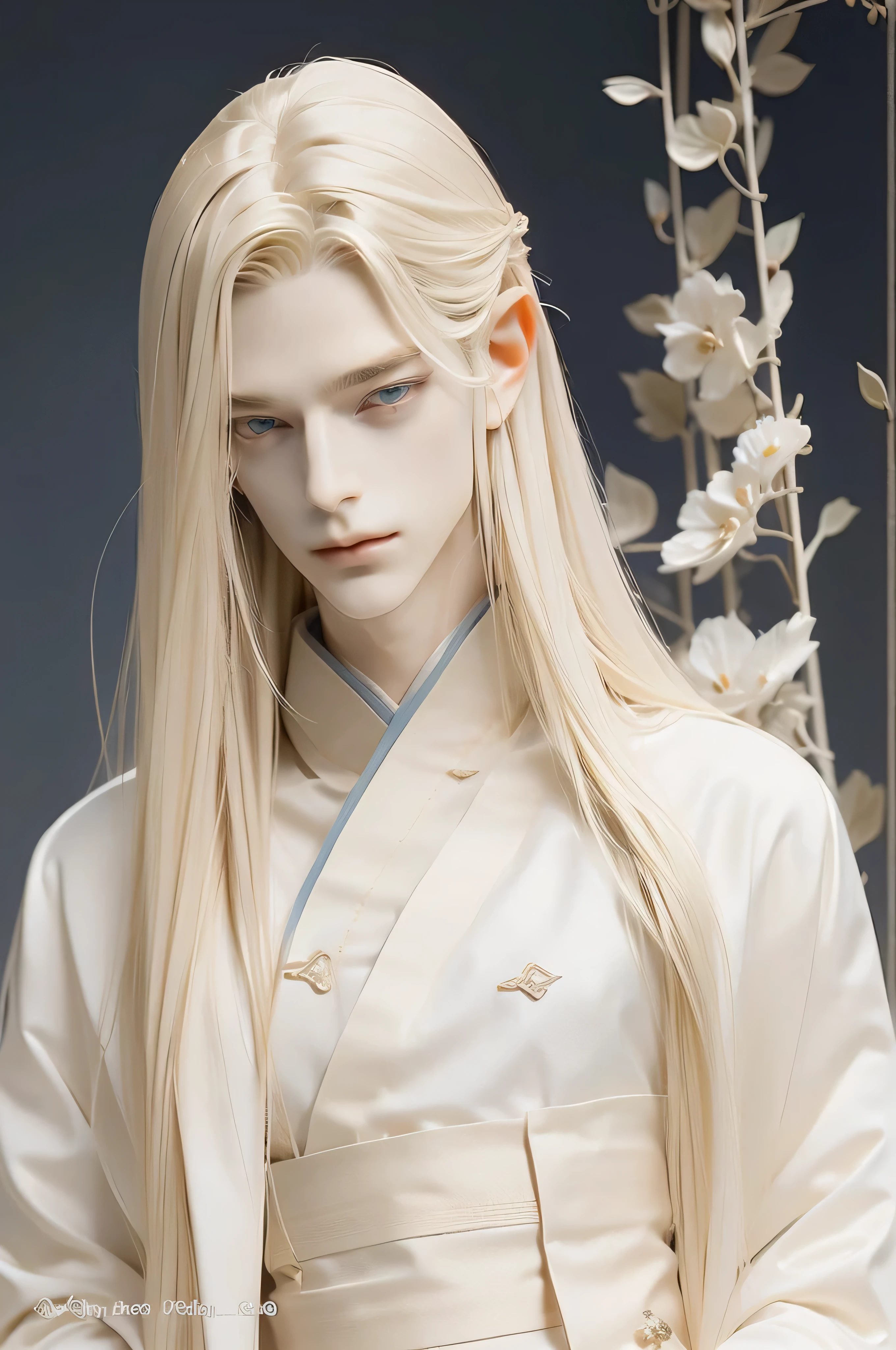 A pretty handsome, delicate, Skinny Male, Very long light blonde hair, Blue eyes, Slender and thin body, 
(((Full body))), standing in front of the mountain, Delicate and soft facial features, Soft_light, pointy ears, ((sinister smile)), he's wearing white long hangfu