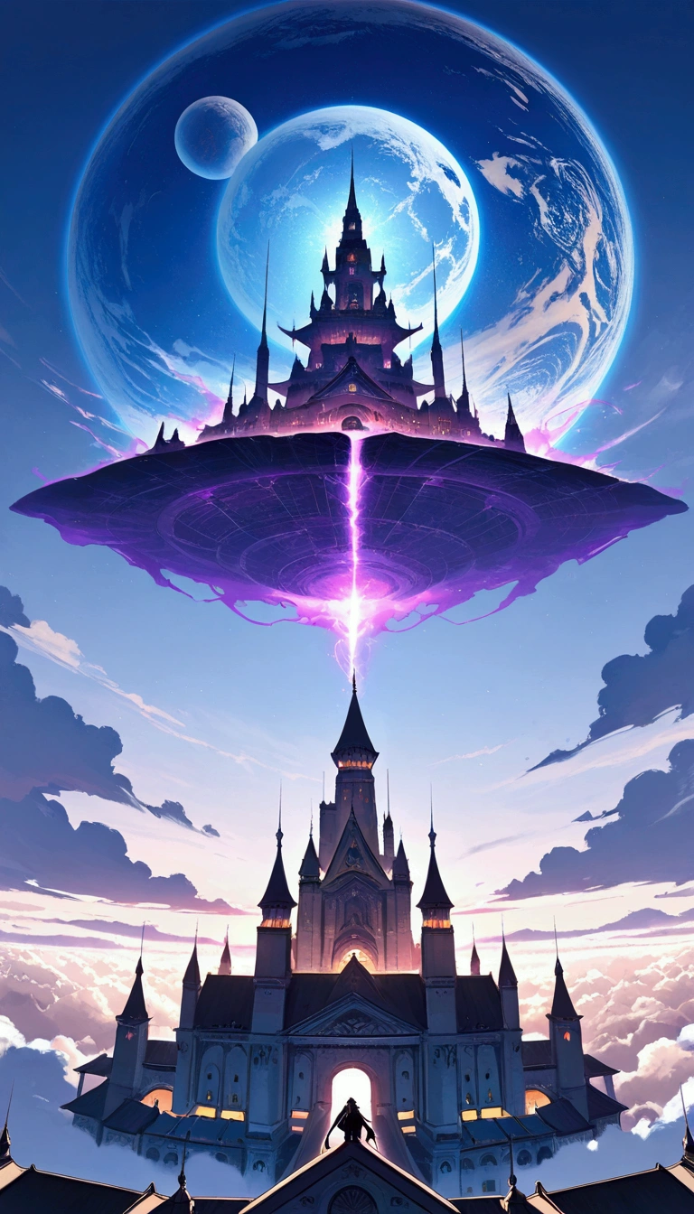 (( masterpiece)),  better quality, (8K,  better quality,  masterpiece:1.2), ultra-detallado,  illustration, Big Fantastic City ,  science fiction , ethereal city, Floating city, many planets in the skies,  clouds around , heavenly architecture,  Purple energy scars all around, Giant castle in the center, 