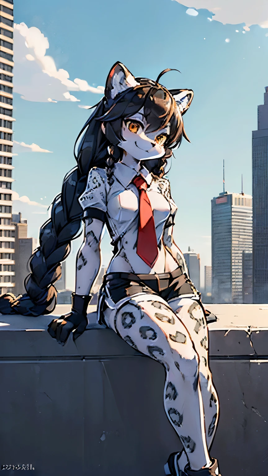 Snow leopard furry (Best quality, ultra - detailed, actual:1.85), 5 foot 7 inch tall female, Black fingerless gloves, Wear plain white short sleeves, Black sports shorts, Long brown hair，Tie your temples into two braids, Leaning on the side of a tall building，Look up at the sky with a smile, in the city