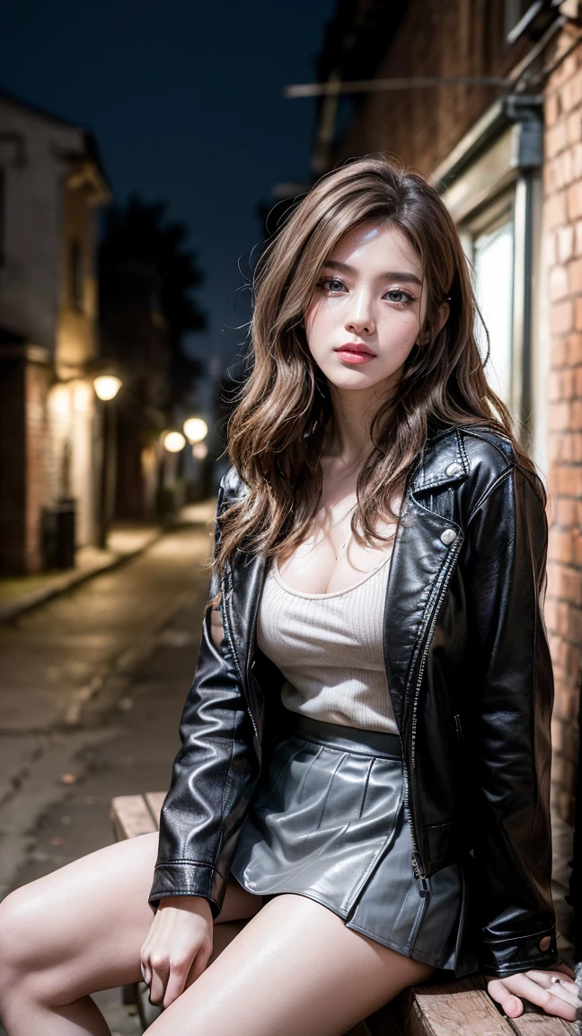 a detailed portrait of a beautiful young woman with striking eyes, perfect lips, and long eyelashes, wearing a black skirt and red coat, standing in a city street with her arms behind her back, (best quality,4k,8k,highres,masterpiece:1.2),ultra-detailed,(realistic,photorealistic,photo-realistic:1.37),digital painting,city scene,street,cityscape,detailed facial features,intricate details,dramatic lighting,cinematic composition,vivid colors,warm color palette,chiaroscuro,girl,beautiful girl,woman,young woman,1girl,black skirt,red coat,hands behind back,eye focus,street background