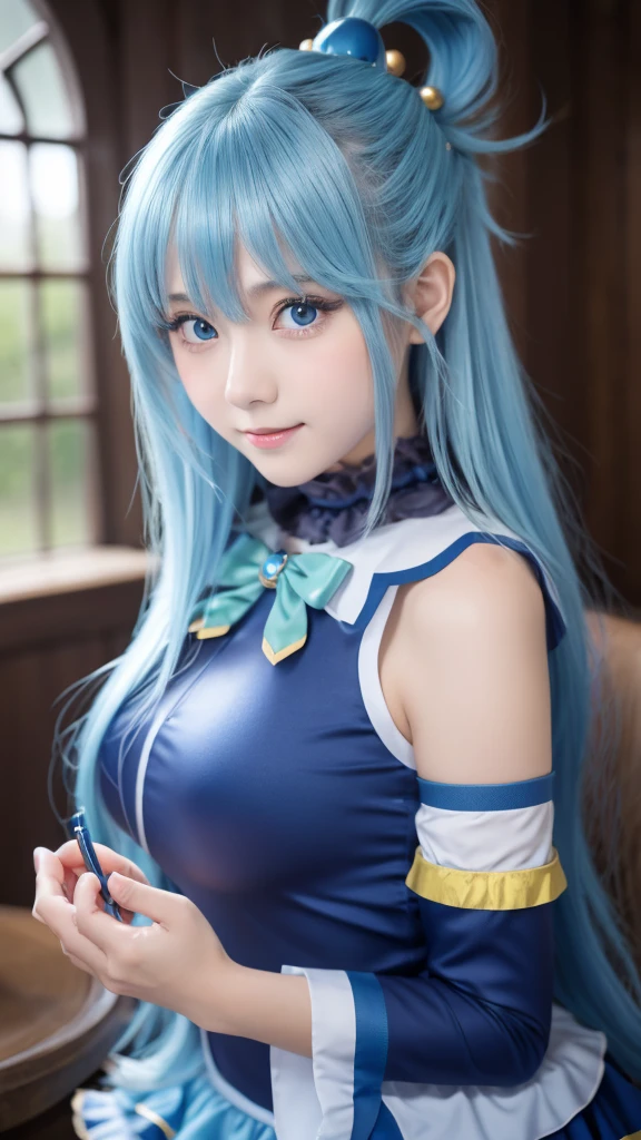  top quality , 8k,  super detailed ,  Photographically Faithful, Best lighting,  cute face, Best lighting,  beautiful face, Konosuba aqua, Light Blue, Beautiful Goddess, ( 1 girl:1.4), Black and blue outfit, White sleeves,  charming atmosphere, Water Magic:1.2 info 、 glossy hair、Young face