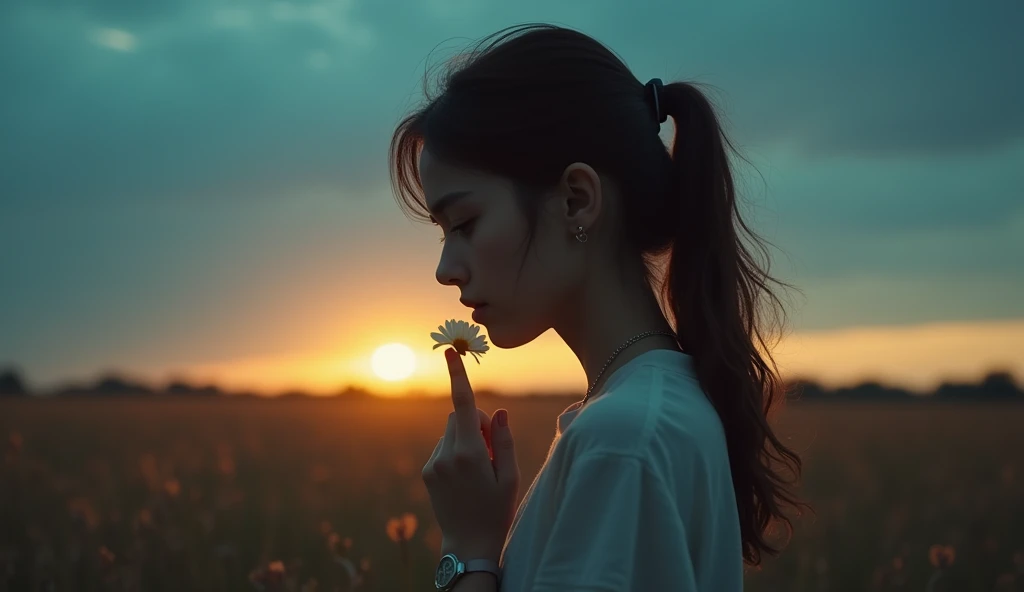 LANDSCAPE PHOTO (SEEN FROM BELOW, SKY ABOVE, FIELD BELOW), GIRL STANDING IN FLOWER GARDEN LOOKS UP (FULL MOON: 1.2), (METEOR: 0.9), (NEBULA: 1.3), DISTANT MOUNTAINS, TREES BREAK CRAFTING ART, (WARM LIGHT: 1.2), (FIREFLY: 1.2), LIGHTS, LOTS OF PURPLE AND ORANGE, INTRICATE DETAILS, VOLUMETRIC LIGHTING BREAK (MASTERPIECE: 1.2), ( Best Quality), 4K, Ultra Detailed, (Dynamic Composition: 1.4), Rich in Detail and Color, (Iridescent: 1.2), (Glow, Atmospheric Lighting), Dreamy, Magical, (Solo: 1.2)