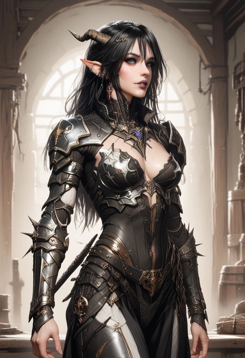 a close up of a woman in a costume with horns and a sword, armor girl, dark elf princess, pale black armor, stunning armor, 2. 5 d cgi anime fantasy artwork, detailed fantasy art, epic fantasy art style hd, epic fantasy art style, wlop rossdraws, fantasy woman, beautiful armor, hyperdetailed fantasy character, rossdraws 1. 0