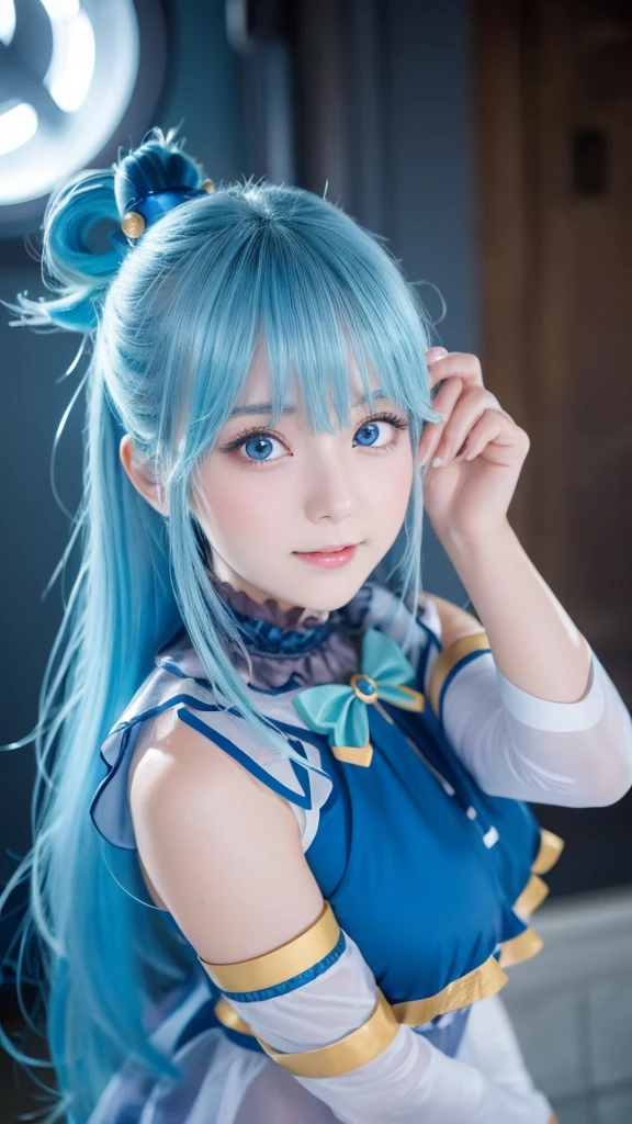  top quality , 8k,  super detailed ,  Photographically Faithful, Best lighting,  cute face, Best lighting,  beautiful face, Konosuba aqua, Light Blue, Beautiful Goddess, ( 1 girl:1.4), Black and blue outfit, White sleeves,  charming atmosphere, Water Magic:1.2 info 、 glossy hair、Young face