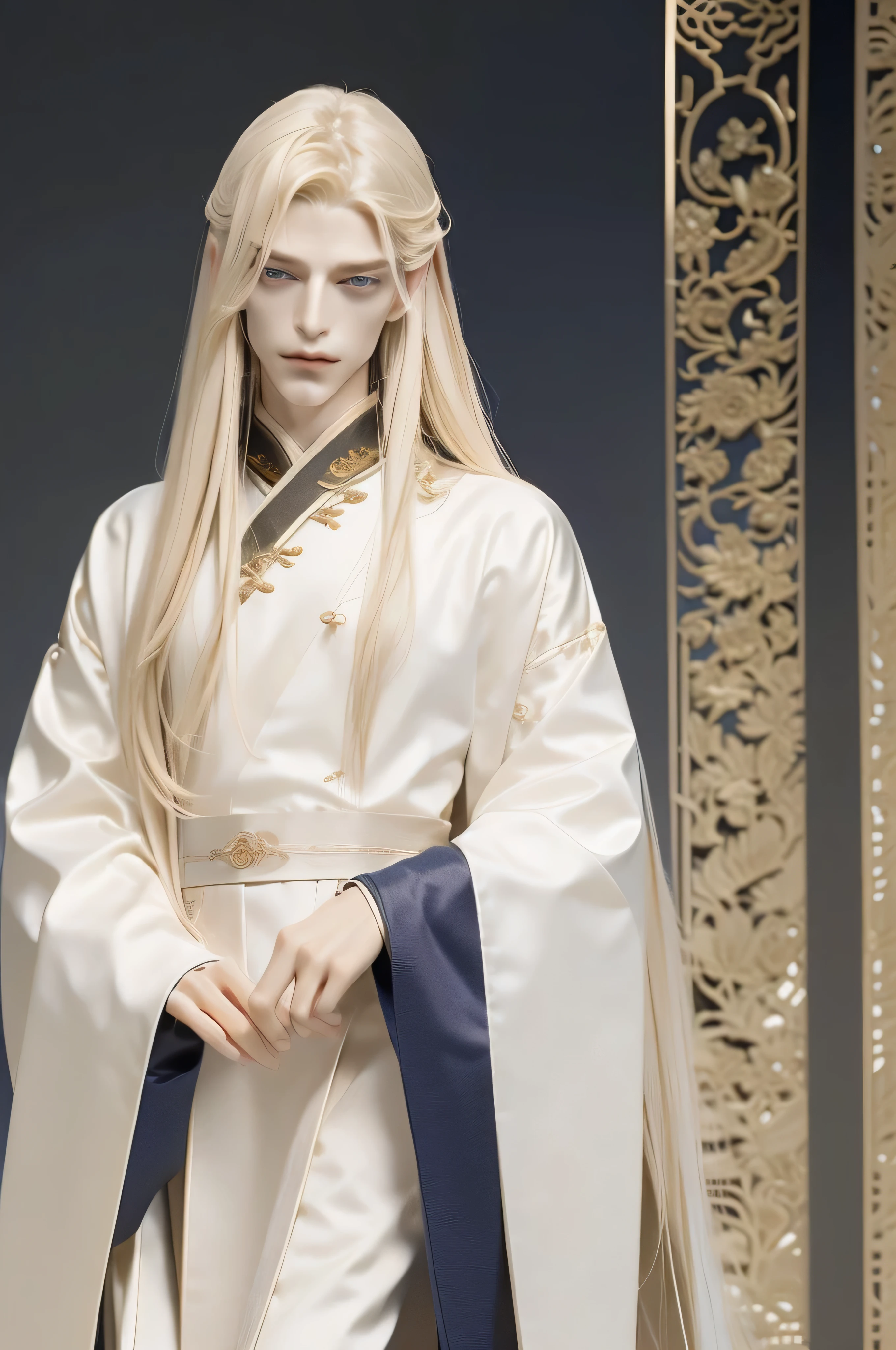 A pretty handsome, delicate, Skinny Male, Very long light blonde hair, Blue eyes, Slender and thin body, (((Full body))), standing in front of the mountain, Delicate and soft facial features, Soft_light, pointy ears, ((sinister smile)), he's wearing white long chinese hangfu