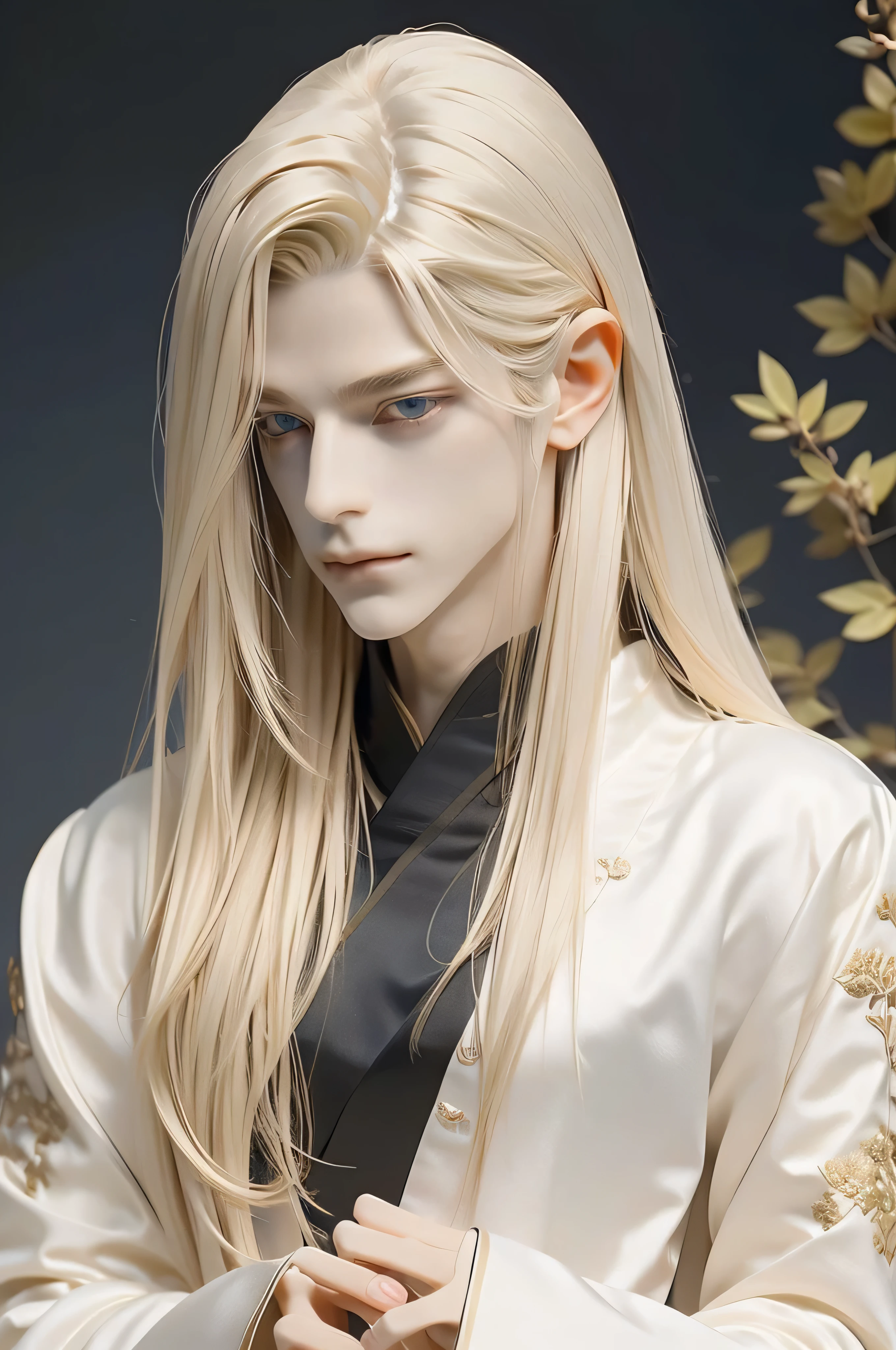 A pretty handsome, delicate, Skinny Male, Very long light blonde hair, Blue eyes, Slender and thin body, (((Full body))), standing in front of the mountain, Delicate and soft facial features, Soft_light, pointy ears, ((sinister smile)), he's wearing white long chinese hangfu