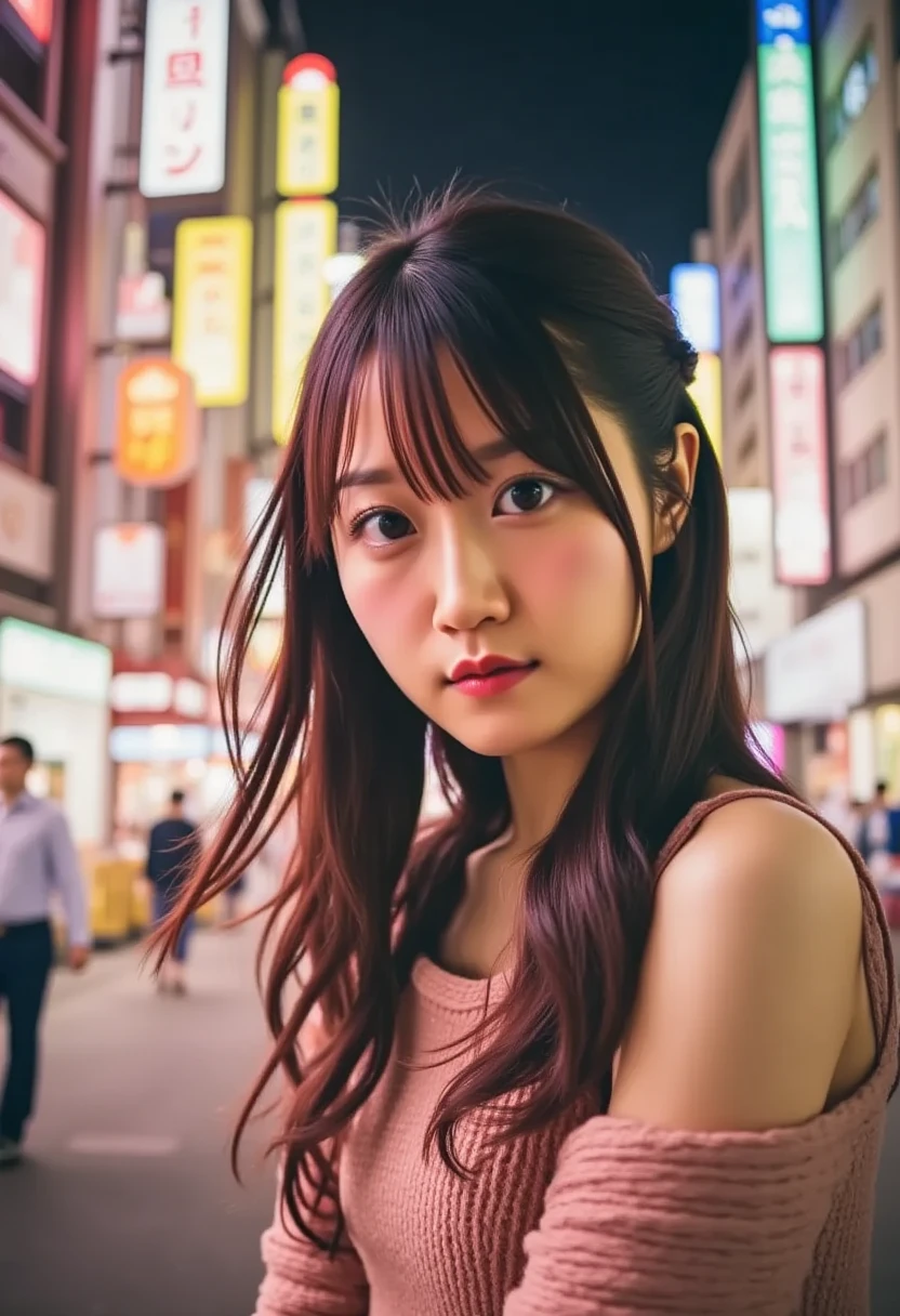 Tokyo, Kabukicho,  long hair that flutters in the wind ,  pink hair,   High Definition ,  dress