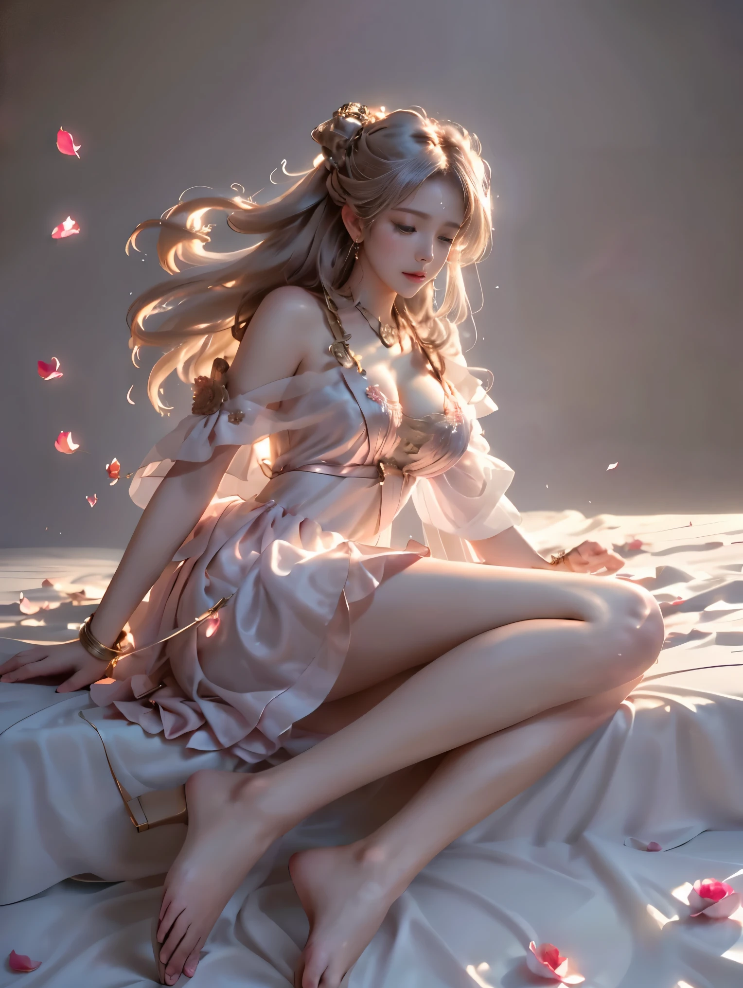 prometheus ,, (full body:1.4),(photorealistic:1.4), beautiful young woman, sitting on edge of bed, (Full bust, visible cleavage, very short hemline), (A lot of scattered rose petals, petals flying in the air), (legs naturally extended:1.2), (knees pointing upward:1.2), relaxed leg pose, feet flat on floor, leaning back, supporting body with elbows, looking up at camera, (top down angle:1.3), romantic classical style, scattered rose petals, soft ambient lighting, (detailed facial features:1.2), smooth skin, delicate expression, (detailed fabric texture:1.2), (intricate shadows and highlights:1.3), detailed leg muscle definition,  natural skin texture, shallow depth of field, professional photography, 8k uhd, masterpiece quality