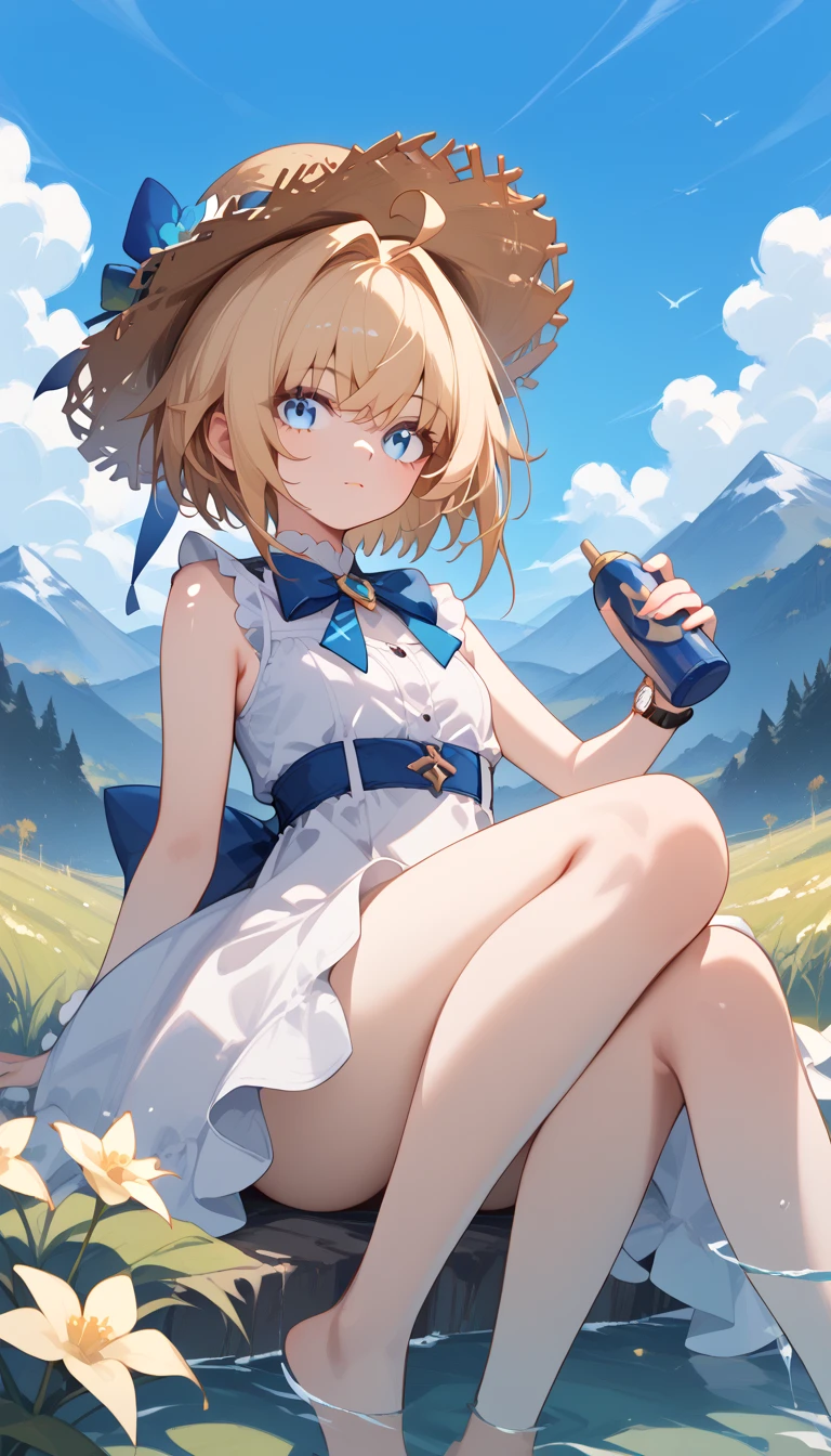 smooth_anime,  lynxlandau , Alone, blonde hair, short hair, ahoge, blue eyes,  One girl , Alone,  can see her eyebrows through her hair,  hair on the back of the foot ,  Watch viewers,  top quality , very aesthetic, thick thighs,　 white dress　 sleeveless 　 Straw Hat 　grassland　blue sky　lake　field　Fields and mountains　summer　sit