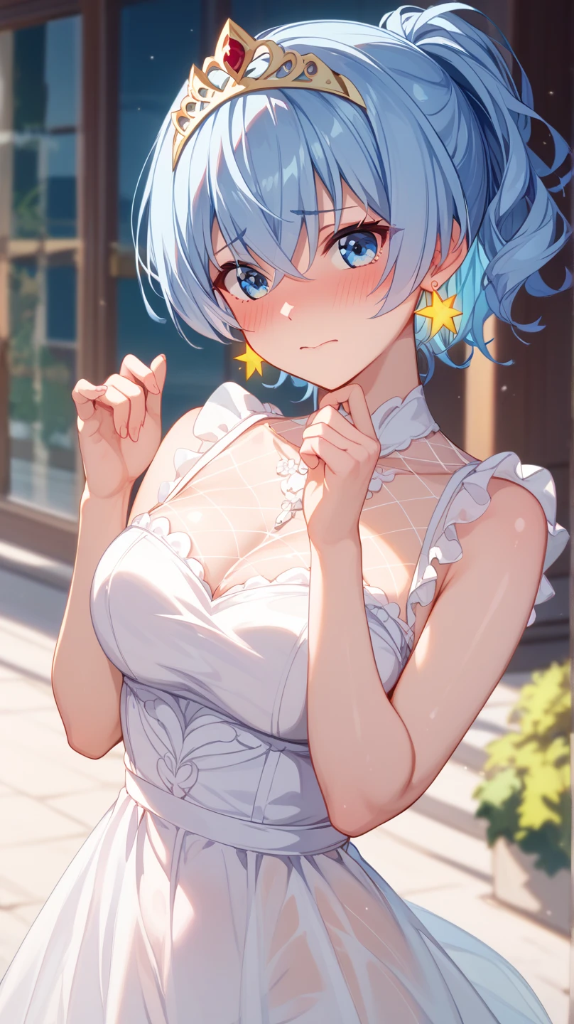 4K quality、 High Quality 、 high definition、 detailed details、(Himeragi Yukina:1.2)、 light blue hair 、 short ponytail 、long sideloks 、 bangs between eyes、 big eyes、 blue eyes、輝く瞳、 textured skin、 long white dress 、 shiny dress 、Golden embroidery、Fits your body、 transparent fabric 、 tiara 、 glowing earrings、 standing、front、 from before、blush、Embarrassed、NSFW、
