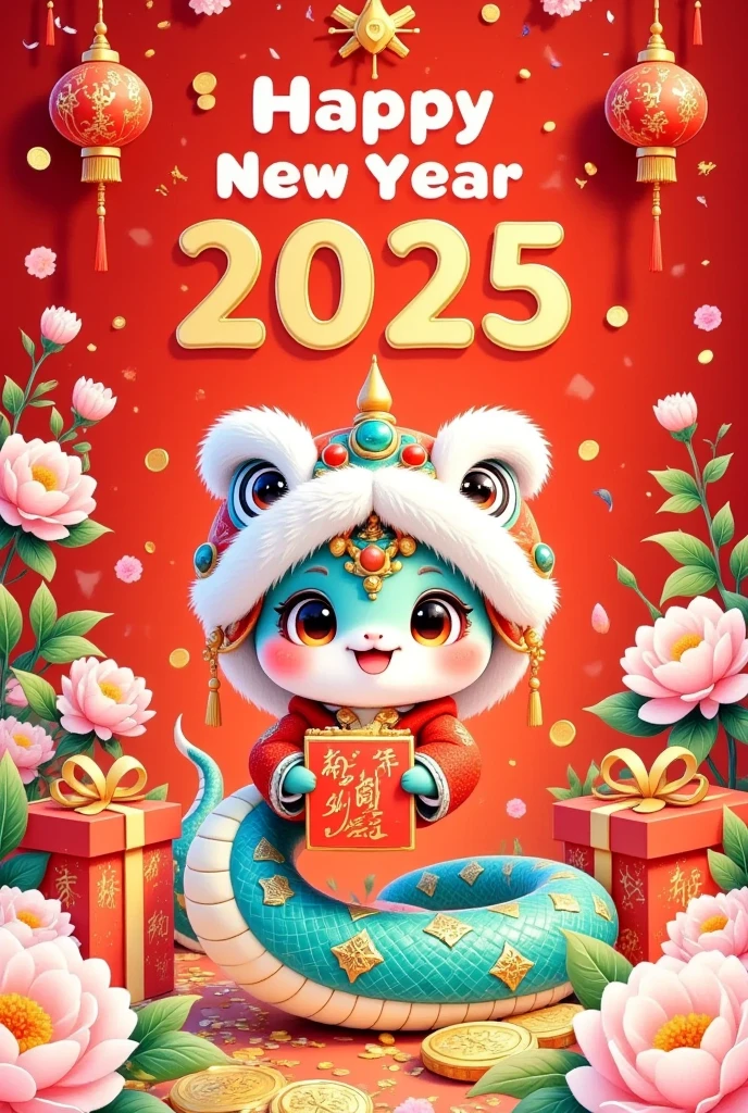 Cute Chinese snake with red gift boxes and calendar, golden text "Happy New Year 2025", light yellow plum blossoms, cartoon style, red background, New Year's atmosphere, graphic design poster art, bold lines, high-contrast shadows,  high resolution, super details, 8K