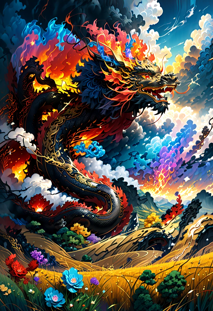 (The main subject: wide wide shot), The flame  opal black,[Multicolored,(Chinese dragon anthropomorphism)], safe,dramatic clouds,(Go deep into the fields), Rich details​, (Wide sky), (sense of vastness),Energy and vitality, Complicated details.(Best quality, A high resolution, tmasterpiece:1.2), (actual:1.37), HighDynamicRange。