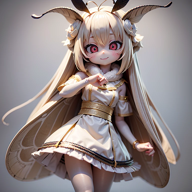 Alone,1 Female\(cute,Cute, little ,Skin color is white,  short white hair,( large moth wing hair :1.7),white dress\( beautiful race \),( two moth antennae on the hair :1.2), big evil smile ,[ moth wings on back :2.0],[ moth wings :2.0],[Moth Wing:2.0],[Extra Arms],Moth Wingは毛の部分にのみある\),background\( spotted sunlight,Beautiful Forest, dark,\), break ,quality\(8k,極めて詳細なCGユニットのwallpaper, ​masterpiece, High Definition ,top-quality,top-quality real texture skin, surrealistic, increase resolution , RAW photo,最高のquality, very detailed,wallpaper, cinematic lighting, ray trace,Golden Ratio,\), close-up face ,standing on one leg、bunny hair ornament、curly long hair、 small、cute、3d、 character 、20 years old、マスコット character 、A little sexy、 throw kiss、 winks、Blonde、 slender、 is leggy、 good style 、 mature、5 heads、 Figure、doll、