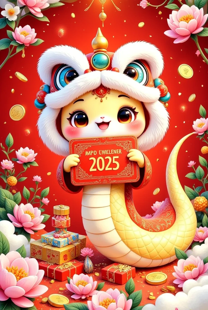 Cute Chinese snake with red gift boxes and calendar, golden text "Happy New Year 2025", light yellow plum blossoms, cartoon style, red background, New Year's atmosphere, graphic design poster art, bold lines, high-contrast shadows,  high resolution, super details, 8K