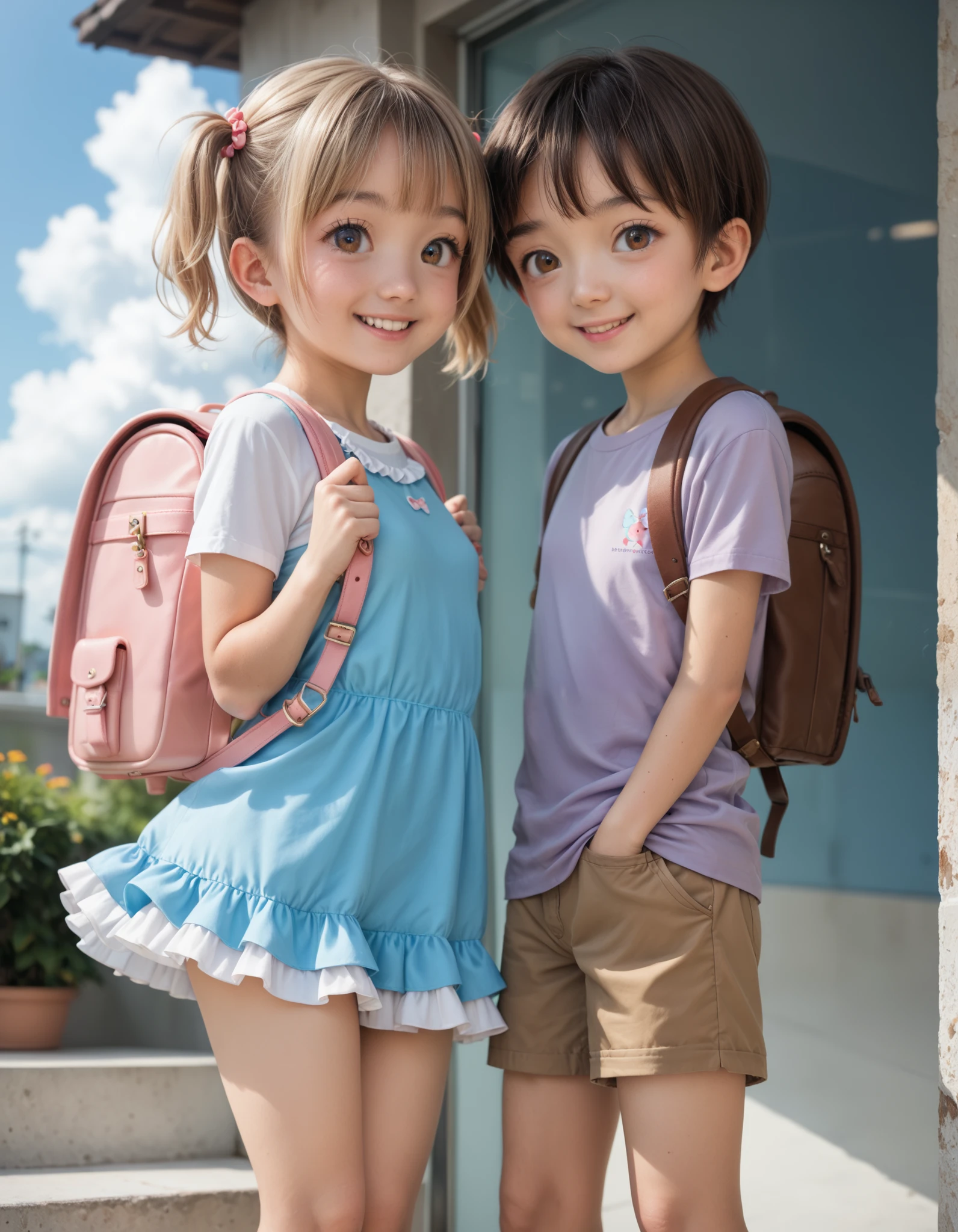 Masterpiece, hd, realistic, couple, different body height, 2 persons, ((1boy, tall body, cute kawaii boy, black straight hair and brown eyes, wearing t-shirt, short pants, wearing brown backpack)), ((1girl, short body, Slender body, small breasts, thing leg, kawaii portrait, cute kawaii girl, short girl, short body height, wearing party dress, frilled dress, blonde twintail hair and brown eyes, wearing pink backpack)), wearing casual clothes, simple clothes,smile, standing, outdoor, wearing school backpack