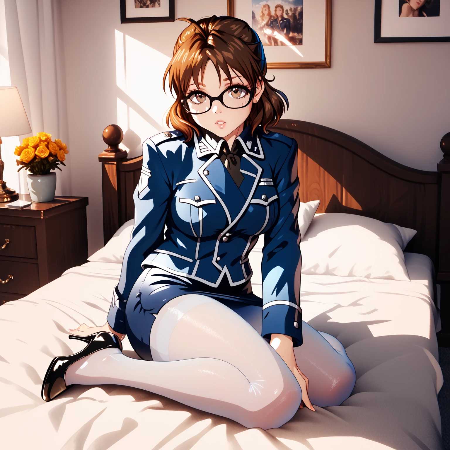 score_9, score_8_up, score_7_up, score_6_up, Detailed Background, BREAK
 1girl, Sheska, brown hair, glasses, brown eyes, DD cup breasts, military uniform, blue jacket, blue pencil skirt, sheer pantyhose, black high heels, bedroom,