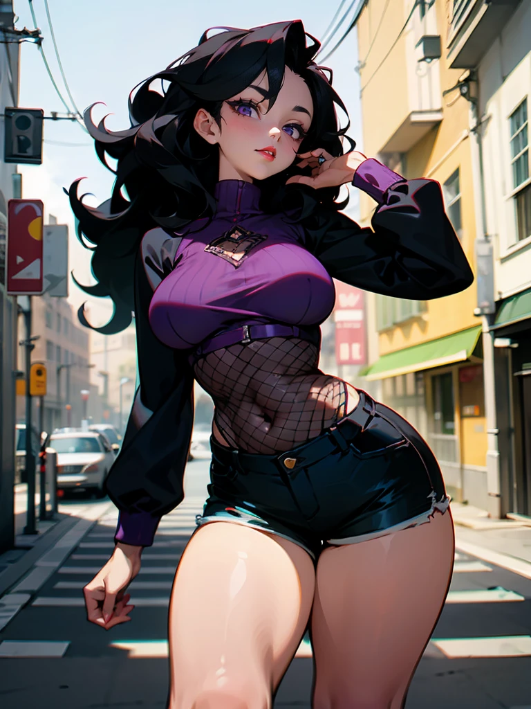 l1s4fr4nk Fr3ckles, freckles, purple maroon hair, medium breasts, multicolored, (Thick body:1.35), (Sexy outfit:1.7), (Off shoulder:1.3), (exposed breasts:1.1), (Cleavage:2.0) ((solo, 1woman, (dark purple eyes, purple hair, long hair), lipstick, Extremely detailed, ambient soft lighting, 4k, perfect eyes, a perfect face, perfect lighting, a 1girl)), ((solo, (1woman, lipstick), Extremely detailed, ambient soft lighting, 4k, perfect eyes, a perfect face, perfect lighting, a 1girl)), , ((fitness,, shapely body, athletic body, toned body)), ((gold hoop earring, purple jacket, red tank top, black leggings, white sneakers, road, night, milky way, lamppost, streetl))