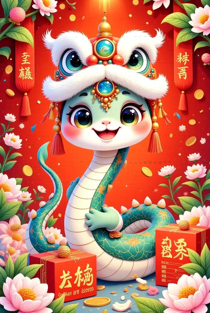 Cute Chinese snake with red gift boxes and calendar, golden text "Happy New Year 2025", light yellow plum blossoms, cartoon style, red background, New Year's atmosphere, graphic design poster art, bold lines, high-contrast shadows,  high resolution, super details, 8K