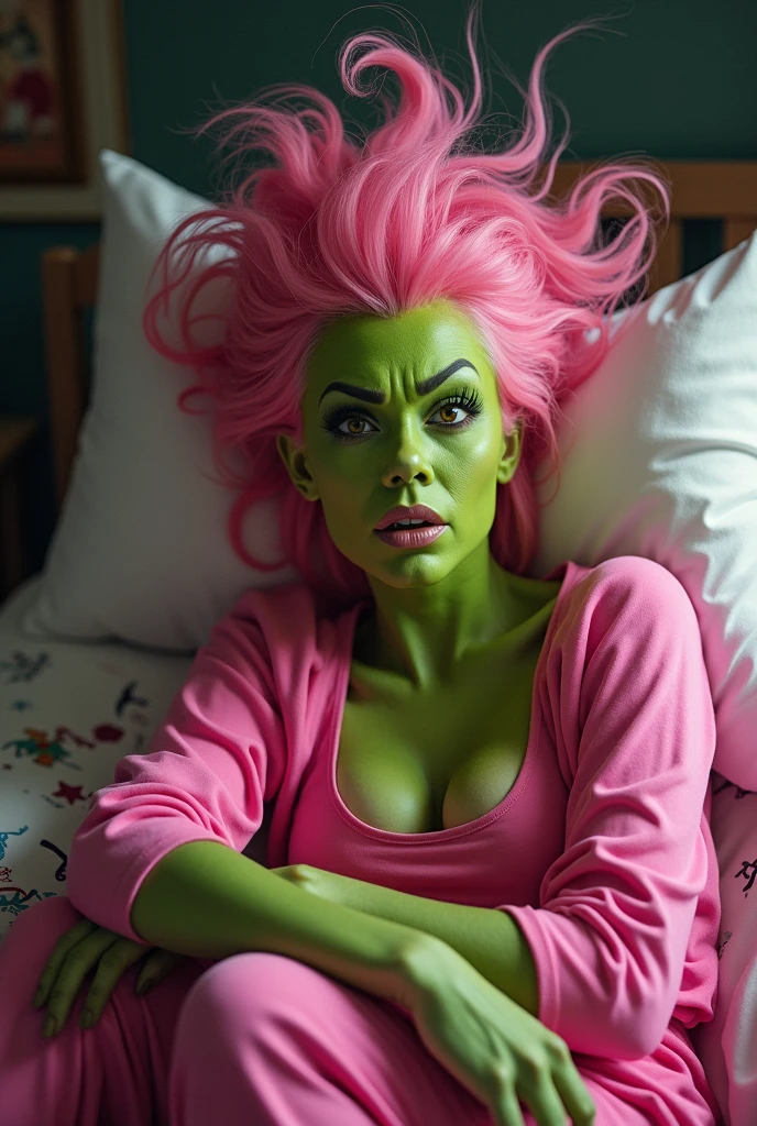 A girl with green skin body with c-cup boobs and pink pussy , she is spreading her pegs wide open with a big dick in her mouth and cum all over her face