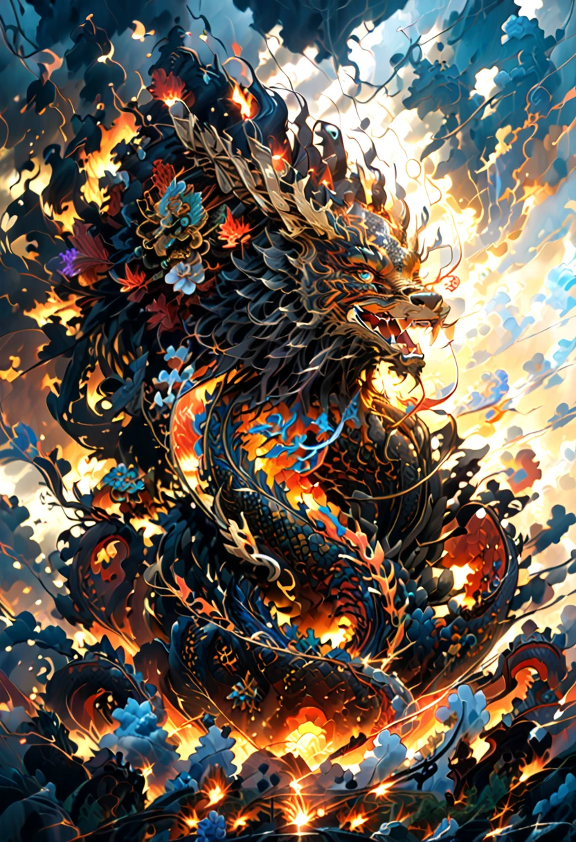 (The main subject: wide wide shot), The flame  opal black,[Multicolored,(Chinese dragon anthropomorphism)], safe,dramatic clouds,(Go deep into the fields), Rich details​, (Wide sky), (sense of vastness),Energy and vitality, Complicated details.(Best quality, A high resolution, tmasterpiece:1.2), (actual:1.37), HighDynamicRange。