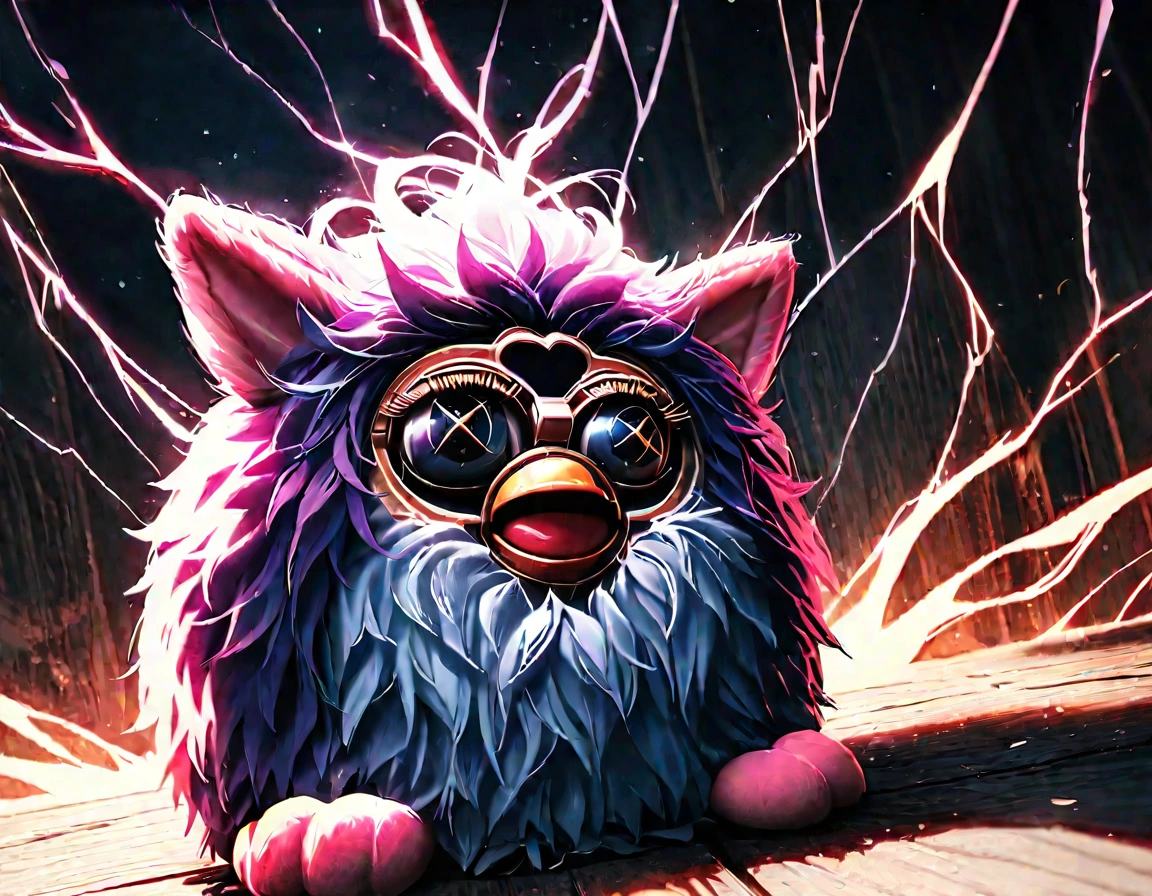 (furby:1.3),simple background, chaos, mad, psycho,dynamic action. BREAK .quality\(8k,wallpaper of extremely detailed CG unit, high resolution, top-quality, top-quality real texture skin, hyper realistic, increase the resolution, RAW photos, best quality, highly detailed, the wallpaper, golden ratio, high saturation realism, vibrant colors, dramatic lighting, persuasive storytelling, atmospheric scenery, captivating visuals, intricate details, strong emotions, dreamlike world\),great detail