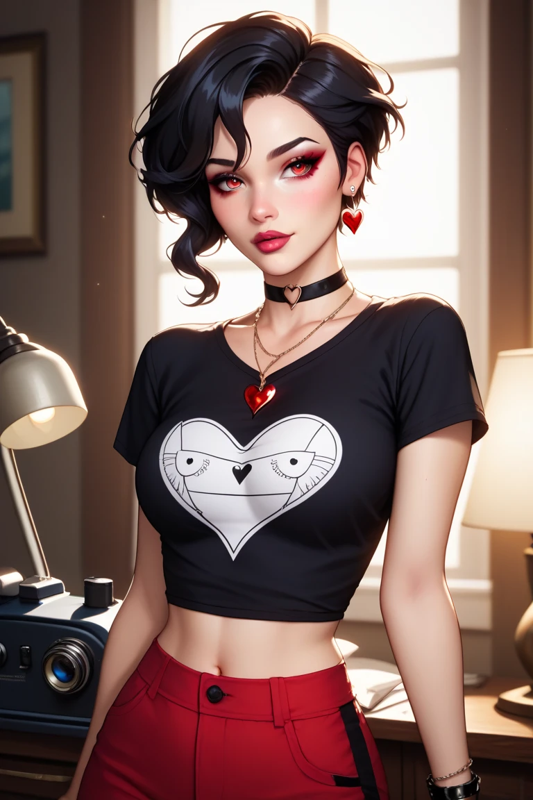 A shy and delicate young woman, aged 19, stands in a cozy, softly lit apartment. Her petite frame is adorned in a fitted black t-shirt and sleek black joggers, striking a balance between comfort and understated style. Her short black hair is styled in soft waves that frame her gentle face, and her vibrant red eyes shimmer with a mix of curiosity and bashfulness. Subtle eyeliner highlights her striking gaze, while her small hands fidget nervously at her sides, adorned with delicate rings and stacked bracelets. A heart-shaped pendant necklace rests against her chest, complemented by a sleek black choker. Her vibrant red nails match her eyes, adding a bold yet harmonious touch to her look. The setting is intimate, with a warm glow from nearby lamps casting soft shadows, emphasizing her quiet and introverted charm. The faint details of a sewing machine or sketchpad in the background hint at her creative aspirations.