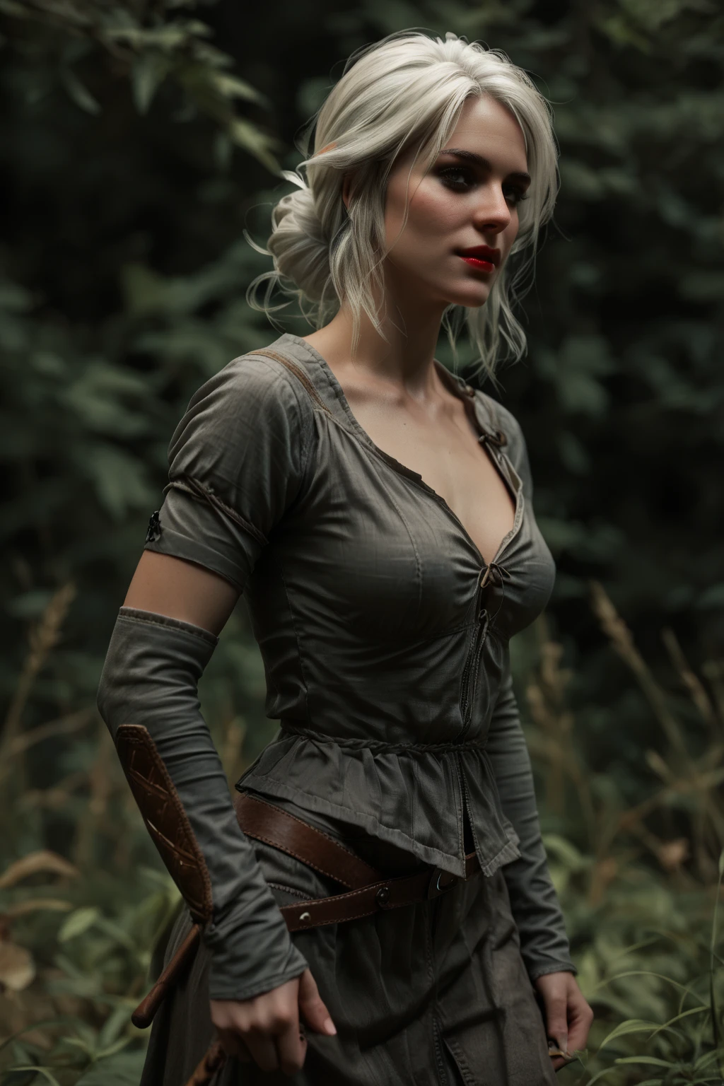 Ciri, white hair, (best quality, Ultra-detailed), (realistic:1.37), beautiful and detailed face, Ultra-realistic texture, Delicate face, Red lipstick, long-lasting colors. high definition, 8k.