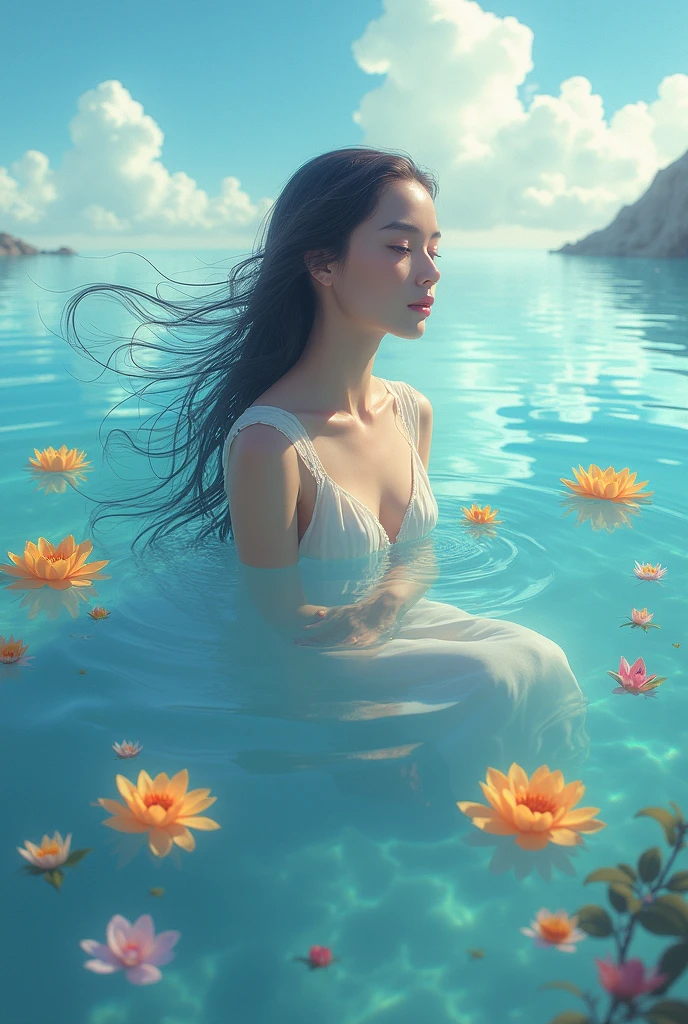 1girl,  best quality, masterpiece, ultra-fine painting, looking at viewer,, , Perfect body,full body,((ink)),(water color),bloom effect,detailed beautiful grassland with petal,flower,butterfly,necklace,smile,petal,(((surrounded by heavy floating petal flow))), black long hair