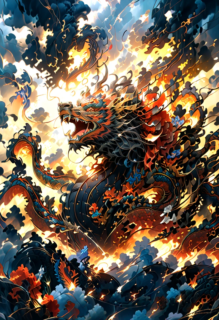 (The main subject: wide wide shot), The flame  opal black,[Multicolored,(Chinese dragon anthropomorphism)], safe,dramatic clouds,(Go deep into the fields), Rich details​, (Wide sky), (sense of vastness),Energy and vitality, Complicated details.(Best quality, A high resolution, tmasterpiece:1.2), (actual:1.37), HighDynamicRange。