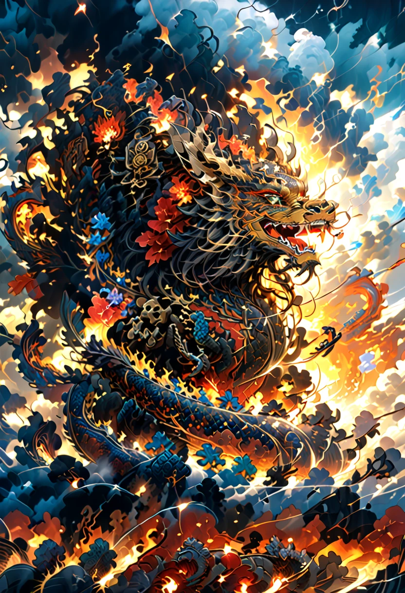 (The main subject: wide wide shot), The flame  opal black,[Multicolored,(Chinese dragon anthropomorphism)], safe,dramatic clouds,(Go deep into the fields), Rich details​, (Wide sky), (sense of vastness),Energy and vitality, Complicated details.(Best quality, A high resolution, tmasterpiece:1.2), (actual:1.37), HighDynamicRange。