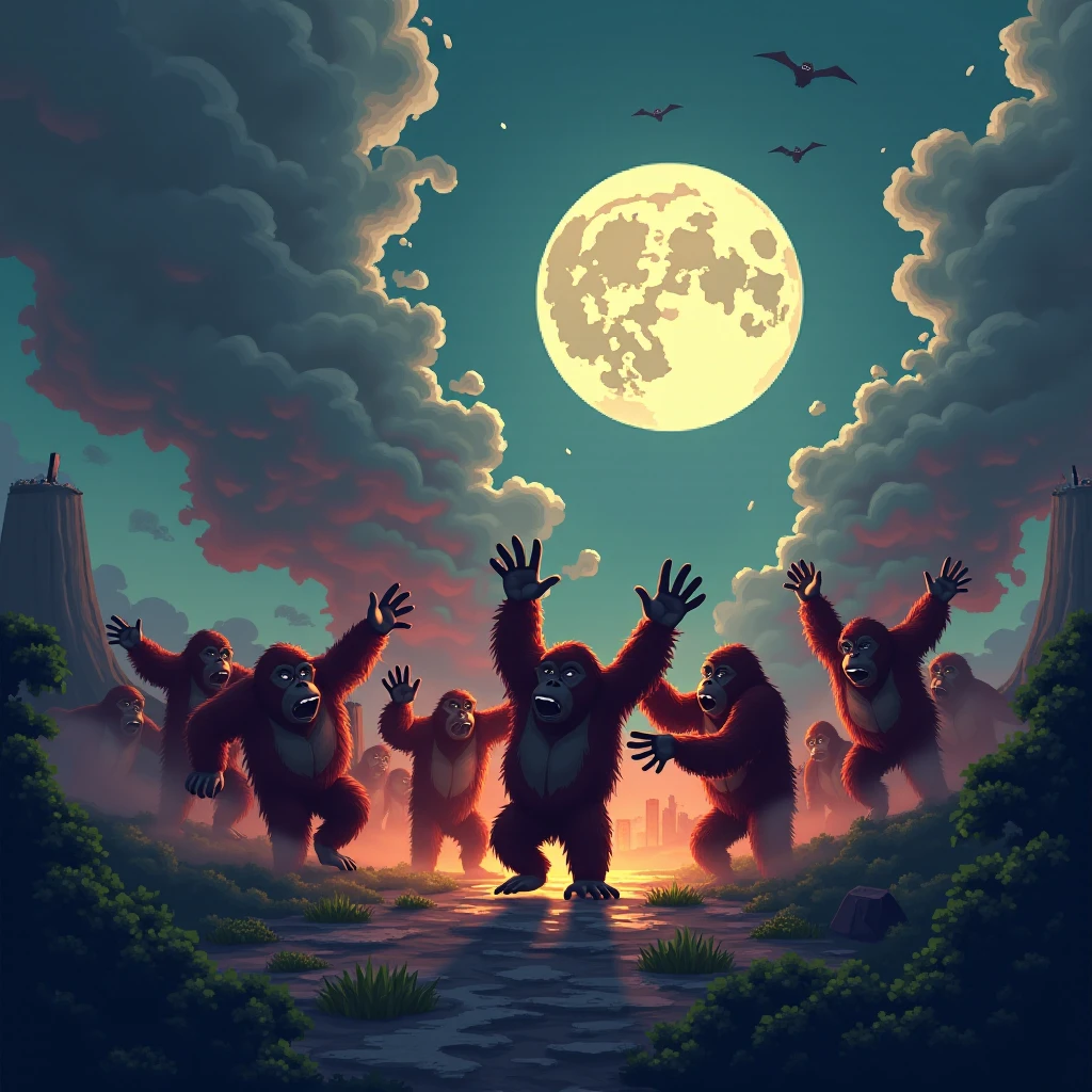 (Best quality,8K,A high resolution,Masterpiece:1.2)Radioactive contamination and volcanic eruptions，Smoke billowed out，A group of orangutans waved their arms irritably because of the eruption of the volcano,creating a surreal ambiance. Bathe in a moonlight volcanic eruption, Cast an eerie glow on the smoke hovering in the air.pixelart