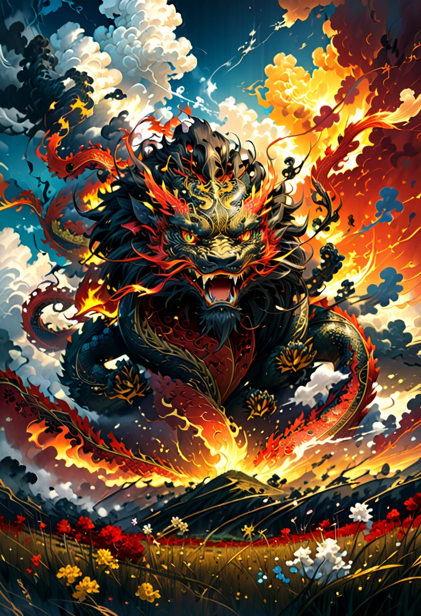 (The main subject: wide wide shot), The flame  black,[Multicolored,(Chinese dragon anthropomorphism)], safe,dramatic clouds,(Go deep into the fields), Rich details​, (Wide sky), (sense of vastness),Energy and vitality, Complicated details.(Best quality, A high resolution, tmasterpiece:1.2), (actual:1.37), HighDynamicRange。