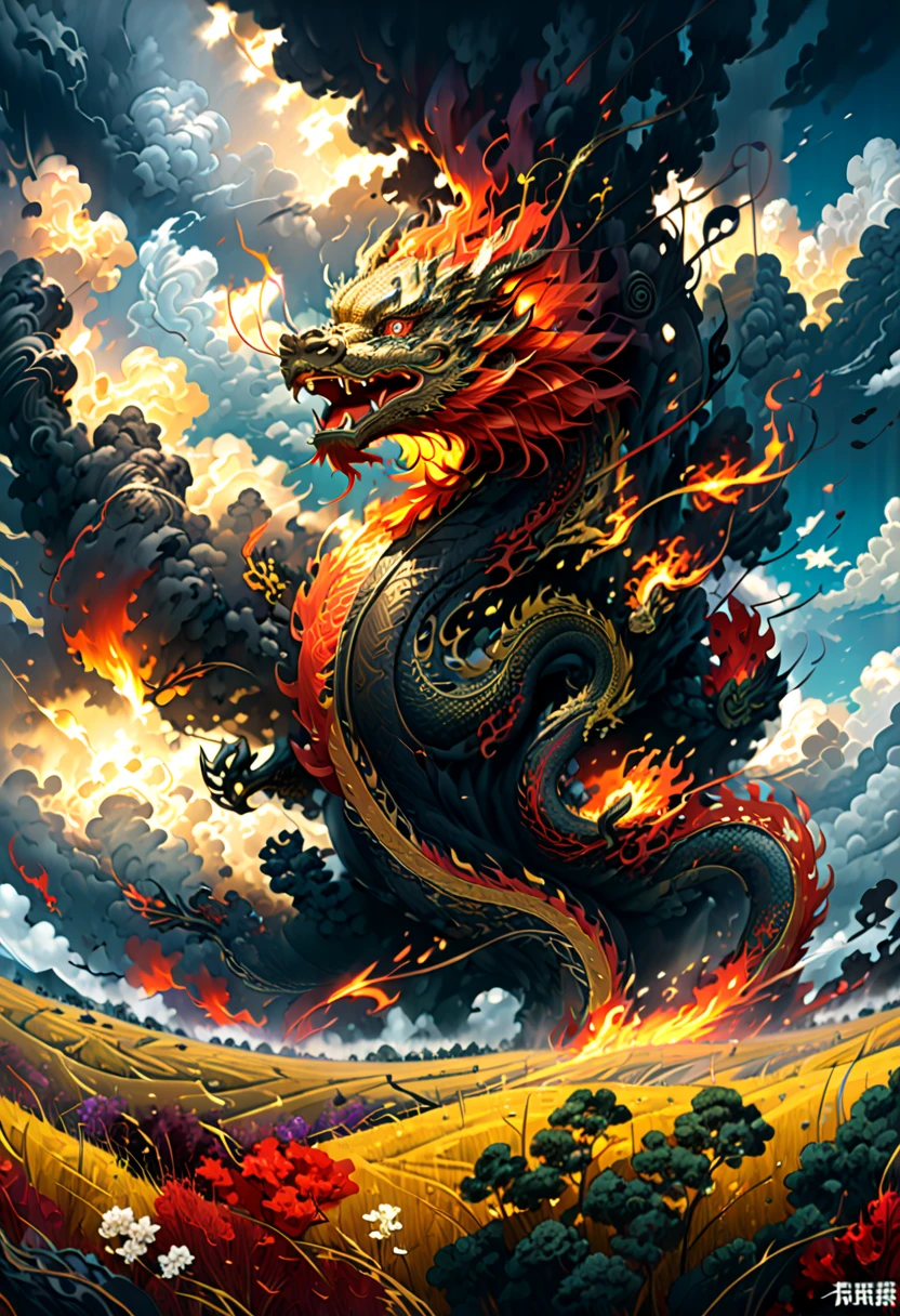 (The main subject: wide wide shot), The flame  black,[Multicolored,(Chinese dragon anthropomorphism)], safe,dramatic clouds,(Go deep into the fields), Rich details​, (Wide sky), (sense of vastness),Energy and vitality, Complicated details.(Best quality, A high resolution, tmasterpiece:1.2), (actual:1.37), HighDynamicRange。