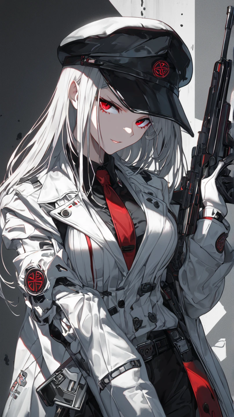 ((slim)) lips, close up, (masterpiece) (character) (highly polished) (smooth texture) a girl holding gun, in the style of cyberpunk, white and black, light black and red, dark red and white, full-body portraits, japanes anime, necktie, glasses, weapon, gloves, hat, holding, long hair, gun, jacket, red necktie, rifle, black glovesBreasts, Large breasts, Anger Vein, Smirk, Drop Shadow, 