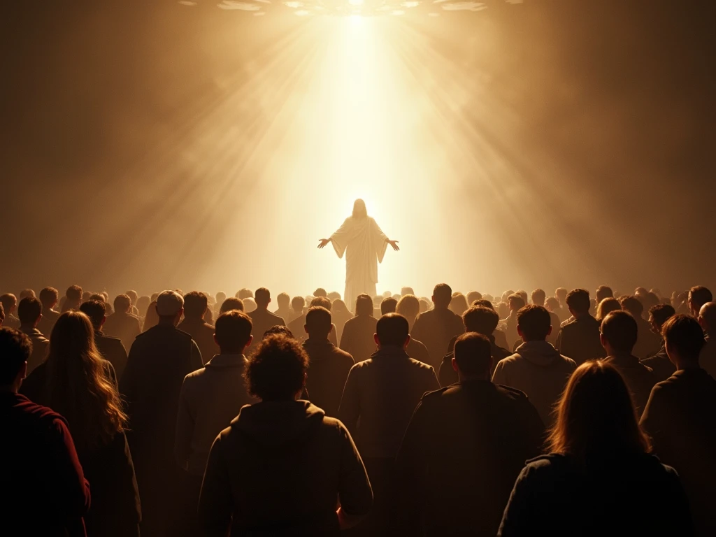 The image depicts a dramatic scene with a religious theme. A large crowd of people stand facing a bright light source, possibly representing the divine. In the center of the light, a figure with a halo appears, resembling Jesus Christ. The people in the crowd are diverse, with men and women of various ages and backgrounds. The overall atmosphere is awe-inspiring and solemn.