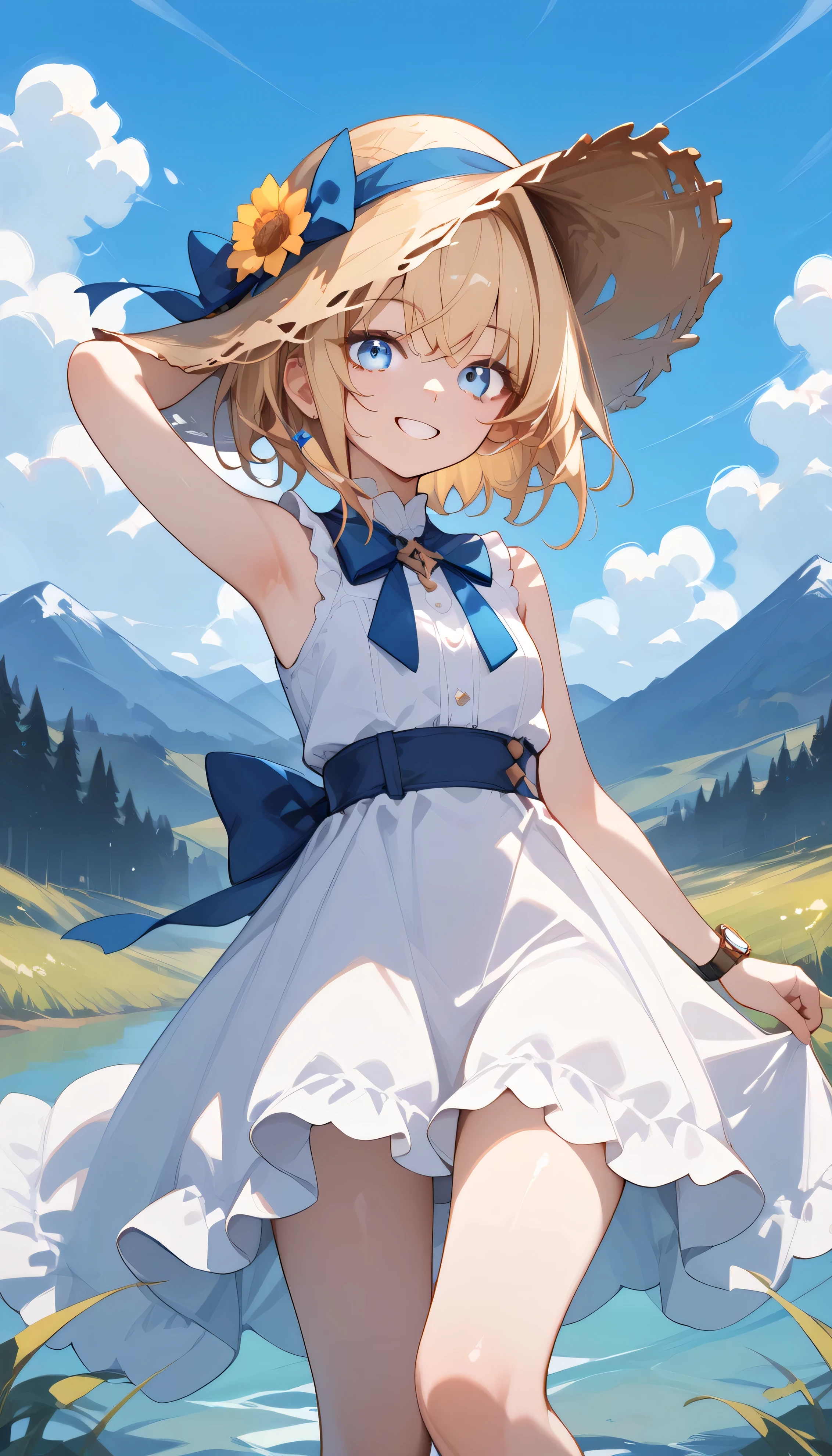 smooth_anime,  lynxlandau , Alone, blonde hair, short hair, ahoge, blue eyes,  One girl , Alone,  can see her eyebrows through her hair,  hair on the back of the foot ,  Watch viewers,  top quality , very aesthetic, thick thighs,　 white dress　 sleeveless 　 Straw Hat 　grassland　blue sky　lake　field　Fields and mountains　summer　sit　smile