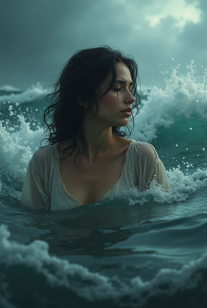 best quality,4k,8k,highres,masterpiece:1.2,ultra-detailed,photorealistic,advertising poster,mermaid,storm,monochromatic,harrowing,contrasting colors,dynamic lighting,water reflections,striking composition,dramatic atmosphere,mysterious concept