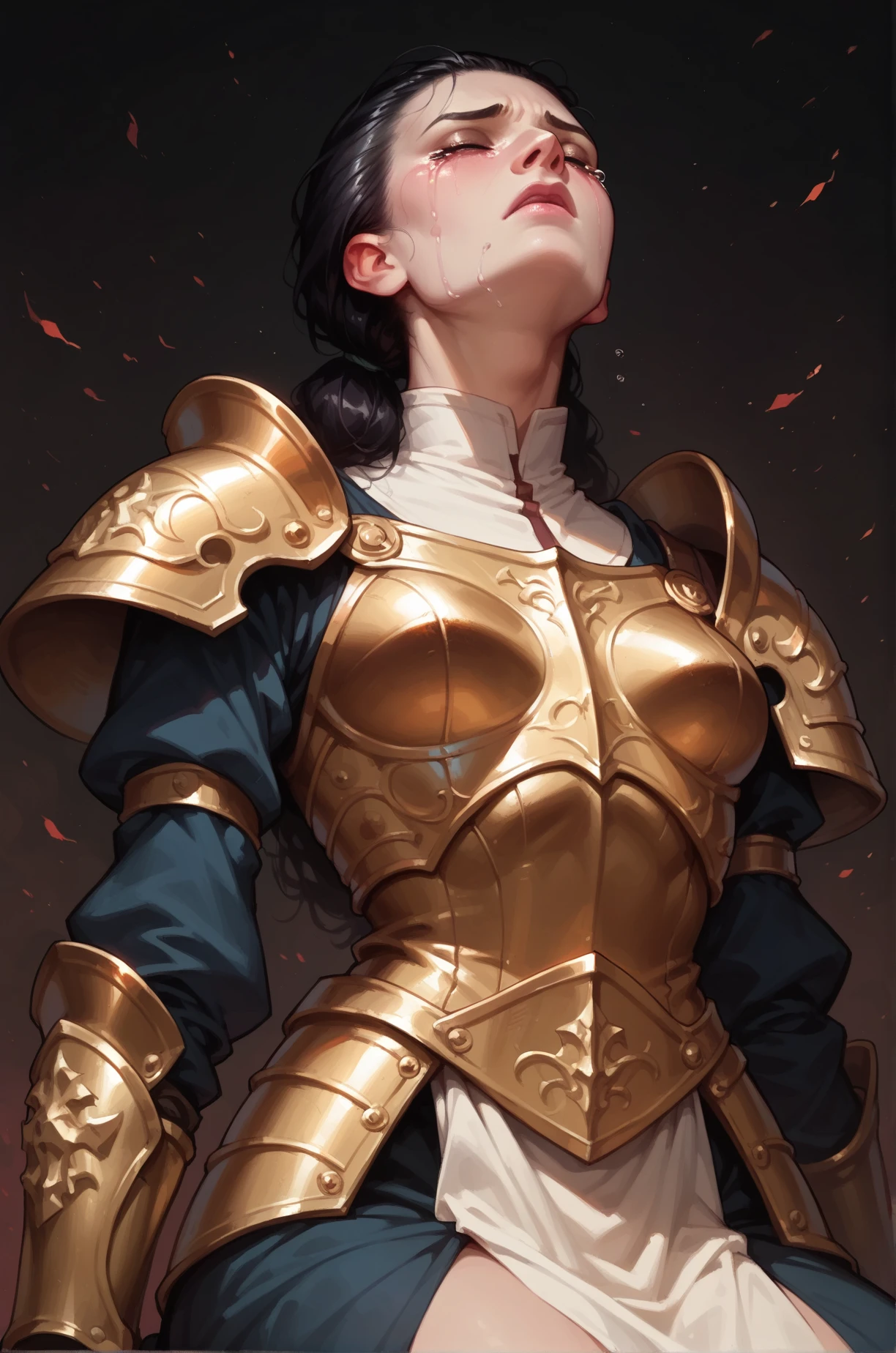 score_9, score_8_up, score_7_up, cartoon of a girl, solo, pale skin, eyes closed, black hair, hair slicked back, small breast, Warrior woman kneeling on the desolate earth, intricate dark armor, crying, front view, low view, dark background