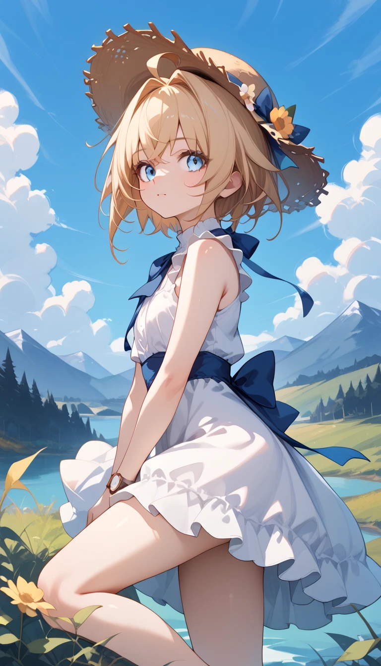 smooth_anime,  lynxlandau , Alone, blonde hair, short hair, ahoge, blue eyes,  One girl , Alone,  can see her eyebrows through her hair,  hair on the back of the foot ,  Watch viewers,  top quality , very aesthetic, thick thighs,　 white dress　 sleeveless 　 Straw Hat 　grassland　blue sky　lake　field　Fields and mountains　summer　sit　 smiles