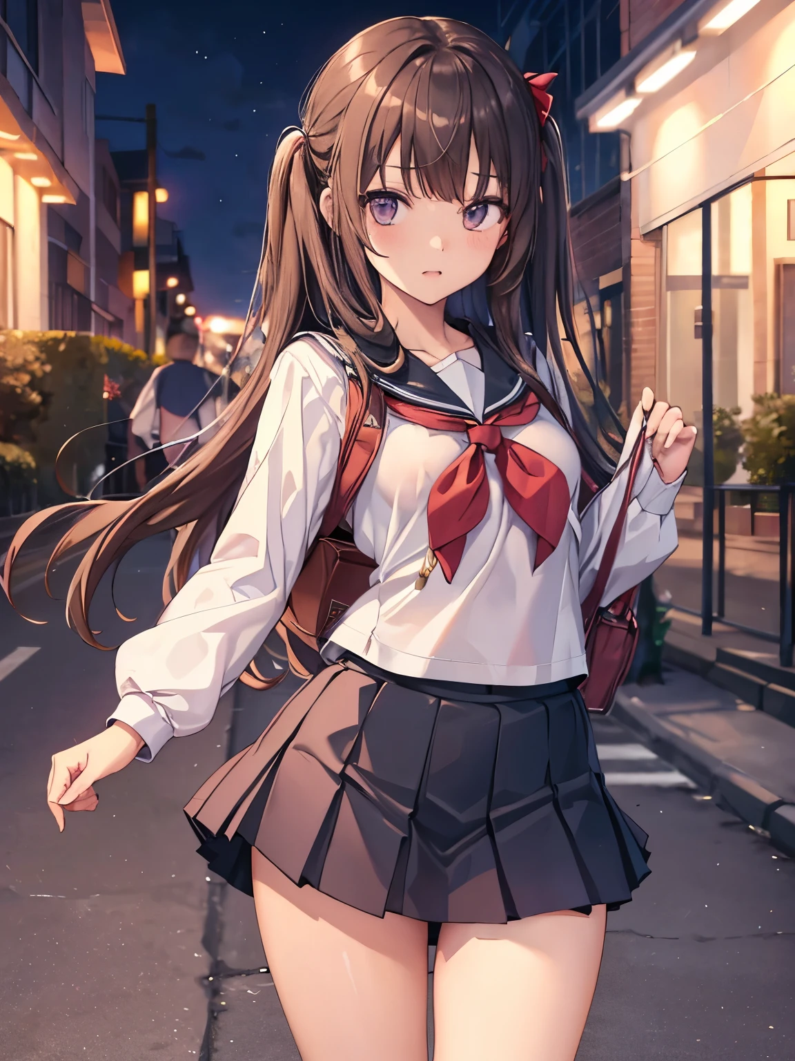 masterpiece,  top quality ,  High Definition ,   long hair,  sailor suit、 College Student 、 Miniskirt 、 panties、 standing,  cowboy shot,  outdoors on the street at night,  ahehe,nsfw, skirt flip