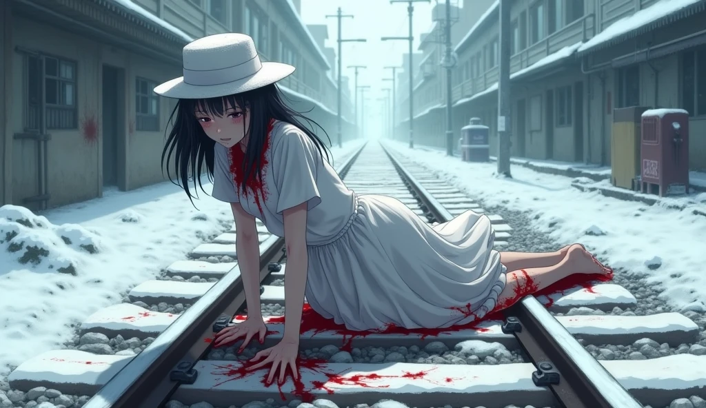 Kizi, ((Green eyes)), ((Long black hair),White dress with white gauze, Young woman,Head down,His face turned pale,The expression is grim,terroral,Full body like,Faraway view,bleeding from the corners of her mouth,Orbital hemorrhage