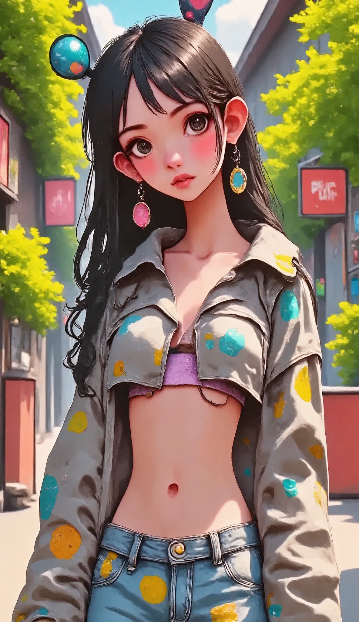  masterpiece,  top quality, ultra-detallado, 8k drawing under CG Unity ,  a woman looking directly at the observer, Summer theme, An enchanted and happy look, in the center of Paris,  smiling, with long black hair and cowboy style .